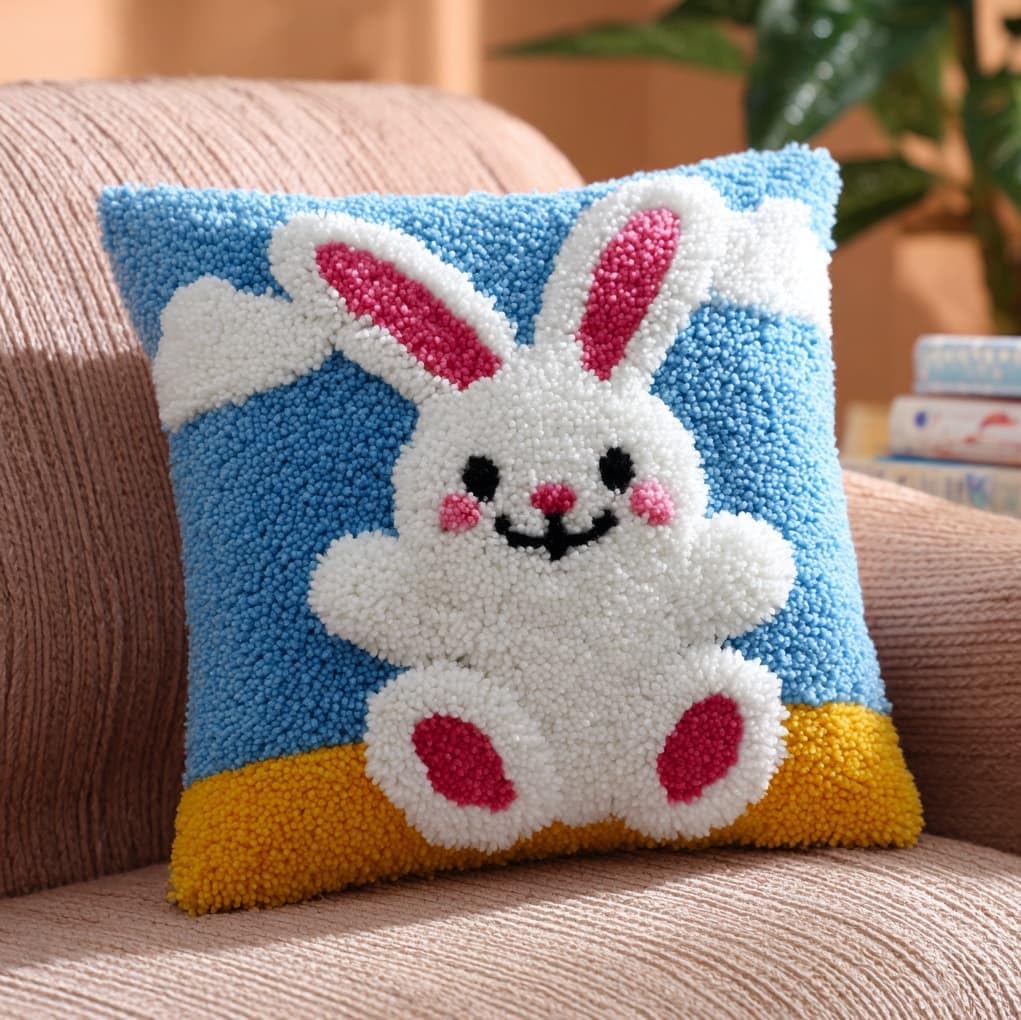 WallustrioaW Latch Hook Kit,A Cheerful Rabbit,Latch Hook Pillowcase Kits DIY Craft for Adults & Kids,Beginner-Friendly Design for Throw Pillows & Gifts,17x17in