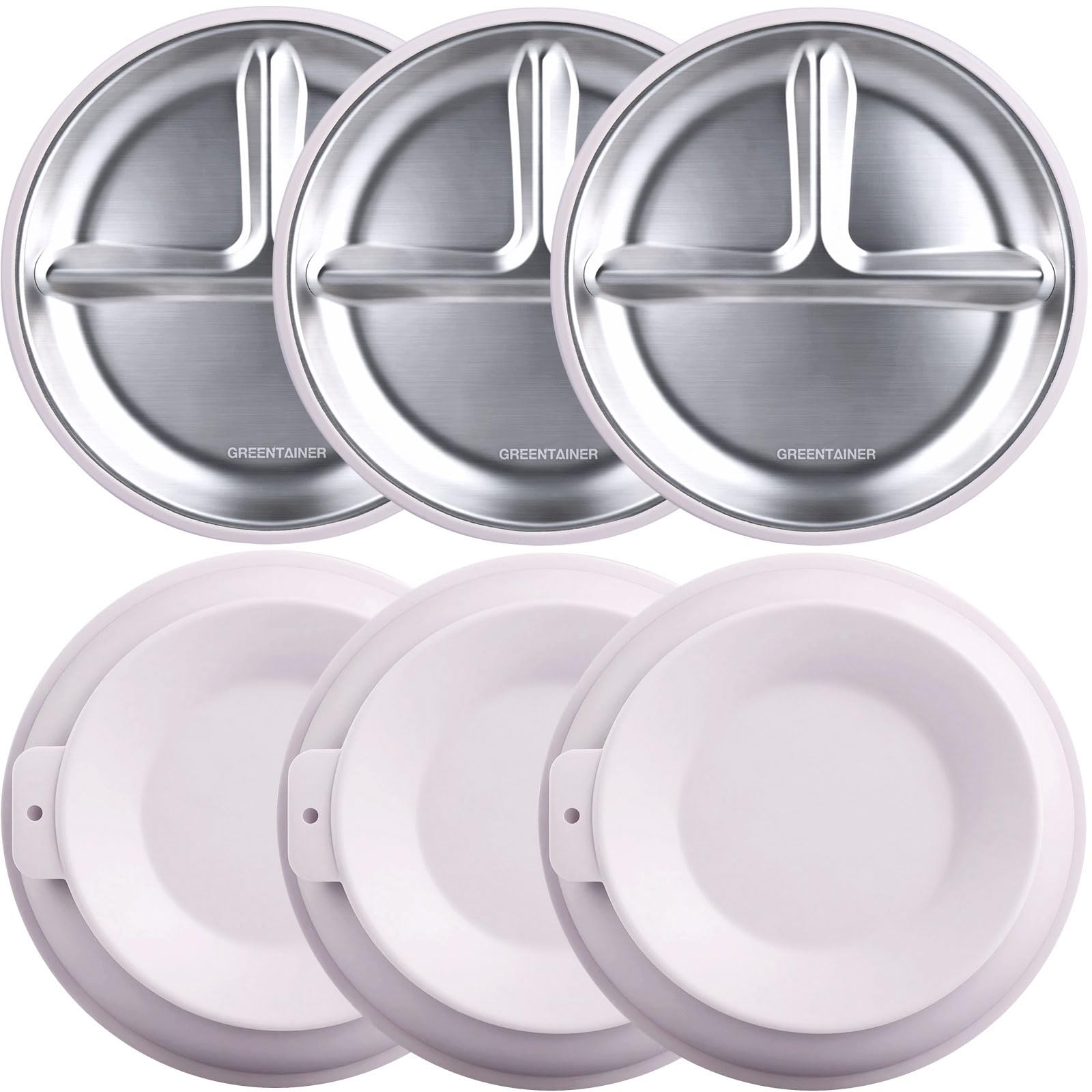 Greentainer 3 Pack Stainless Steel Plate, Silicone Divided Plate with Suction Base, Toddler Utensils Baby Feeding Set, Baby-Led Weaning, Reusable, BPA-Free, Dishwasher Safe (Pink)