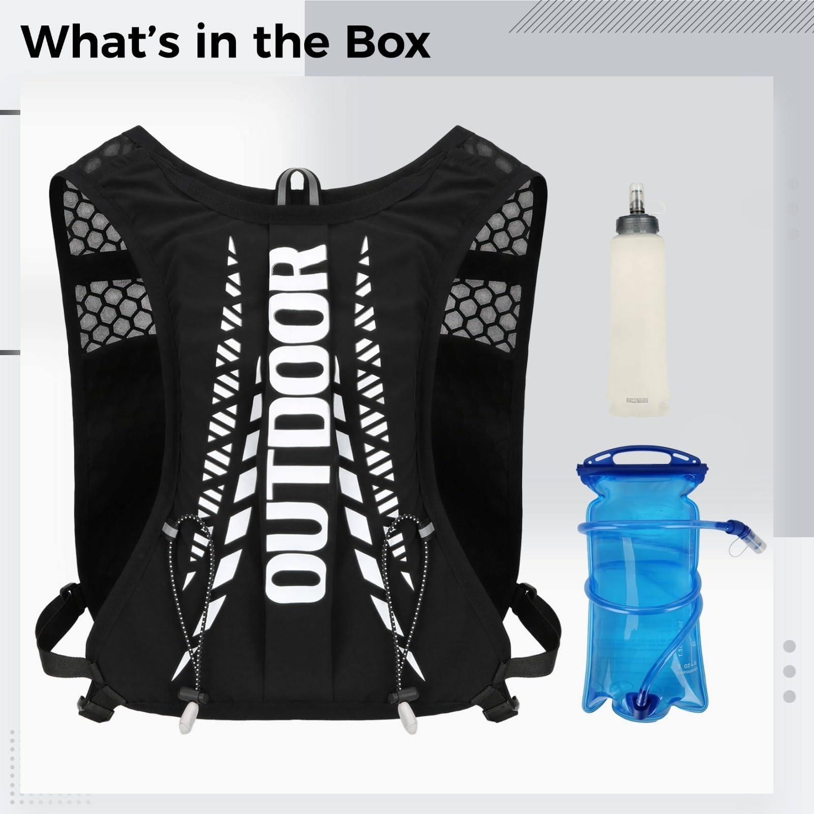Gilet de Running léger avec Poche d’hydratation, Poche à Eau 1,5 L et Bouteille 17 oz / 50 ML incluses, Poches de Rangement Multiples, Sac à Dos de Sport pour Course Longue, randonnée et vélo