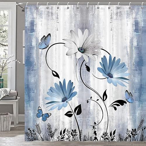 Bzhilja Rustic Farmhouse Shower Curtain for Bathroom, Farm Teal Daisy Floral Flo