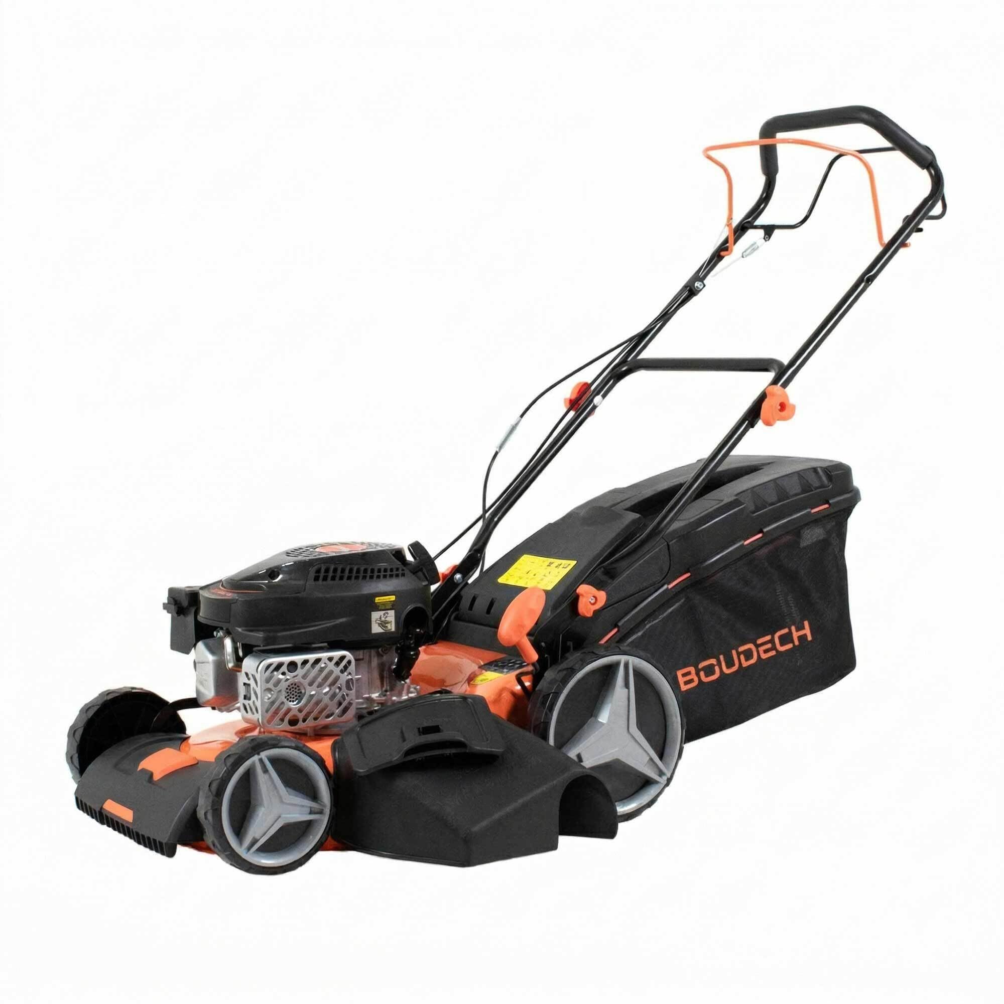 Boudech Jukut 170 – Cortacésped a tracción motor 4 tiempos a explosión gasolina 170 cc 3,5 HP corte 30 – 80 mm con función mantillo, color negro