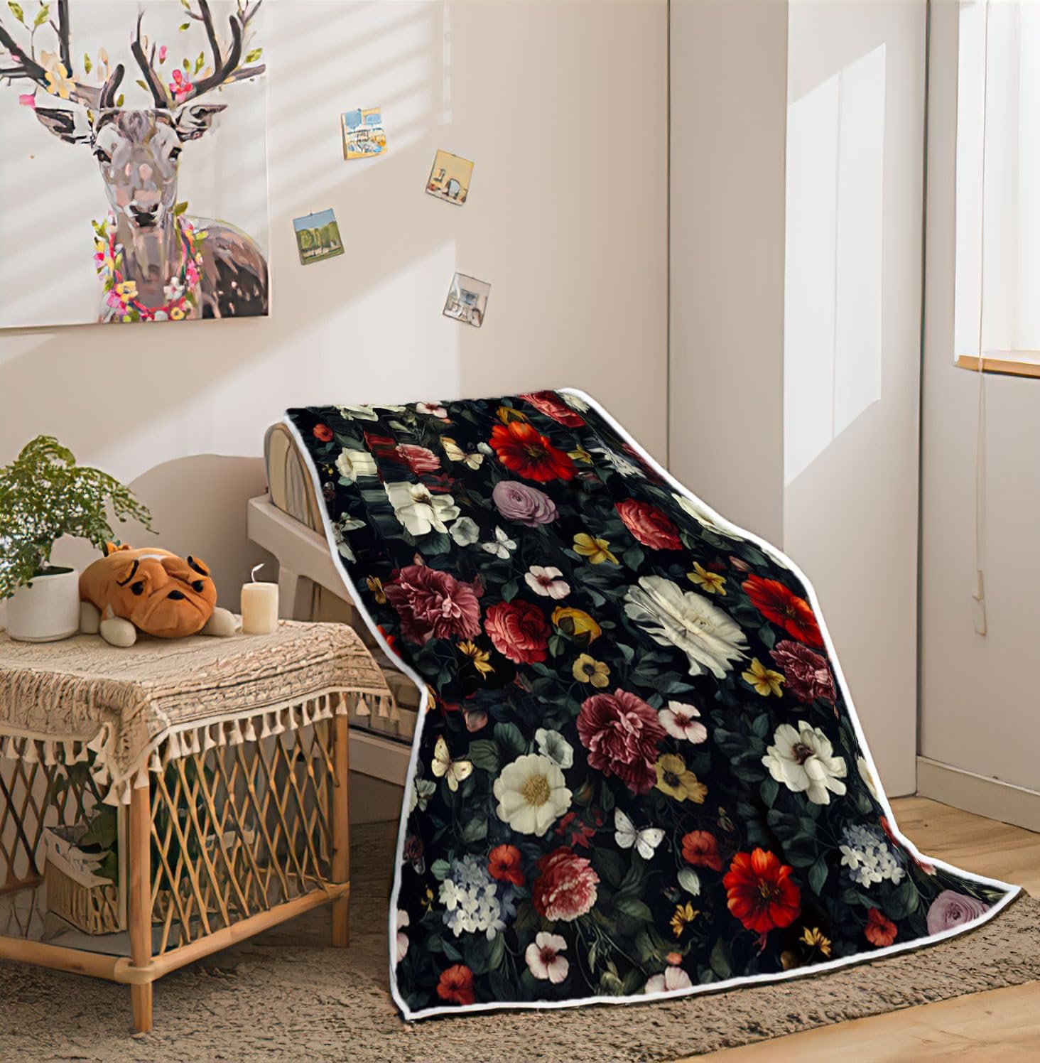 Floral Throw Blanket for Girls Women, Boho Floral Baby Blanket, Soft, Flannel, Warm, Red Flower Fleece Throw Blankets for Couch Bedroom Living Room 50X60 Inch - Image 4