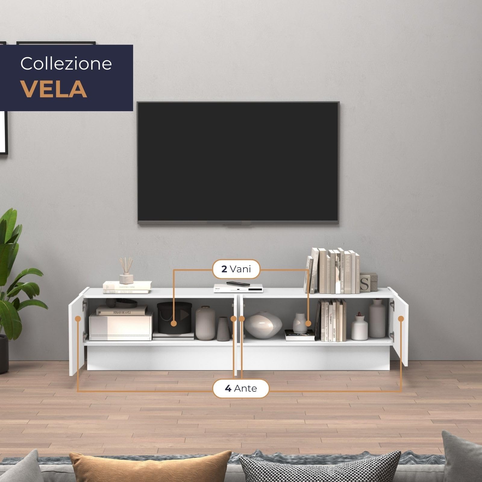 WHOUS Mobile Porta TV VELA per Soggiorno con 4 Ante e 2 Vani Interni, Mobile Tv per Salotto in Legno, 180x35x45,4 cm, Bianco Lucido