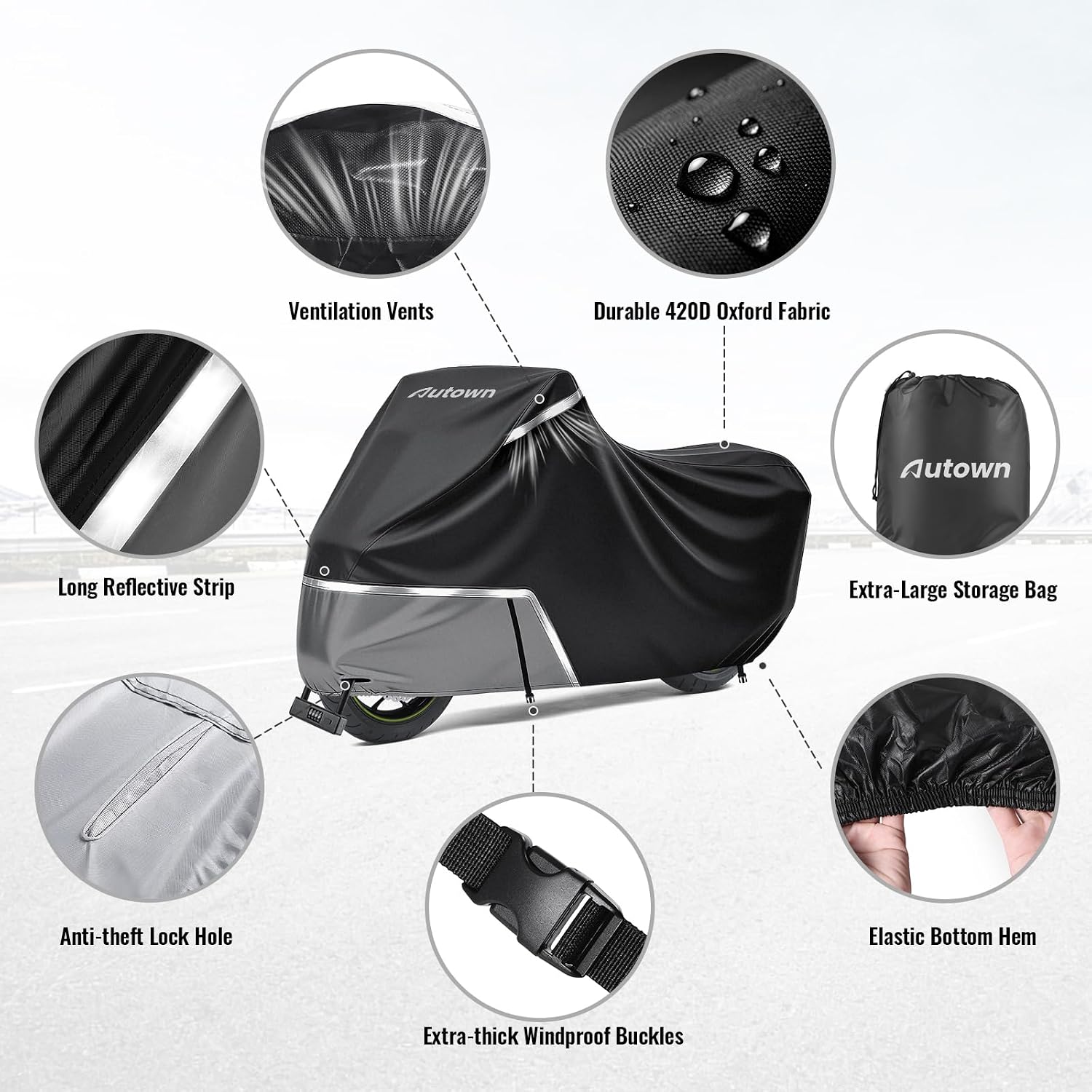 AUTOWN Motorcycle Cover Waterproof Outdoor, 420D Heavy Duty Bike Cover, Windproof & Waterproof with Reflective Strips and Air Vents, Fits Motorcycles & Scooters up to 96.5", Black & Gray