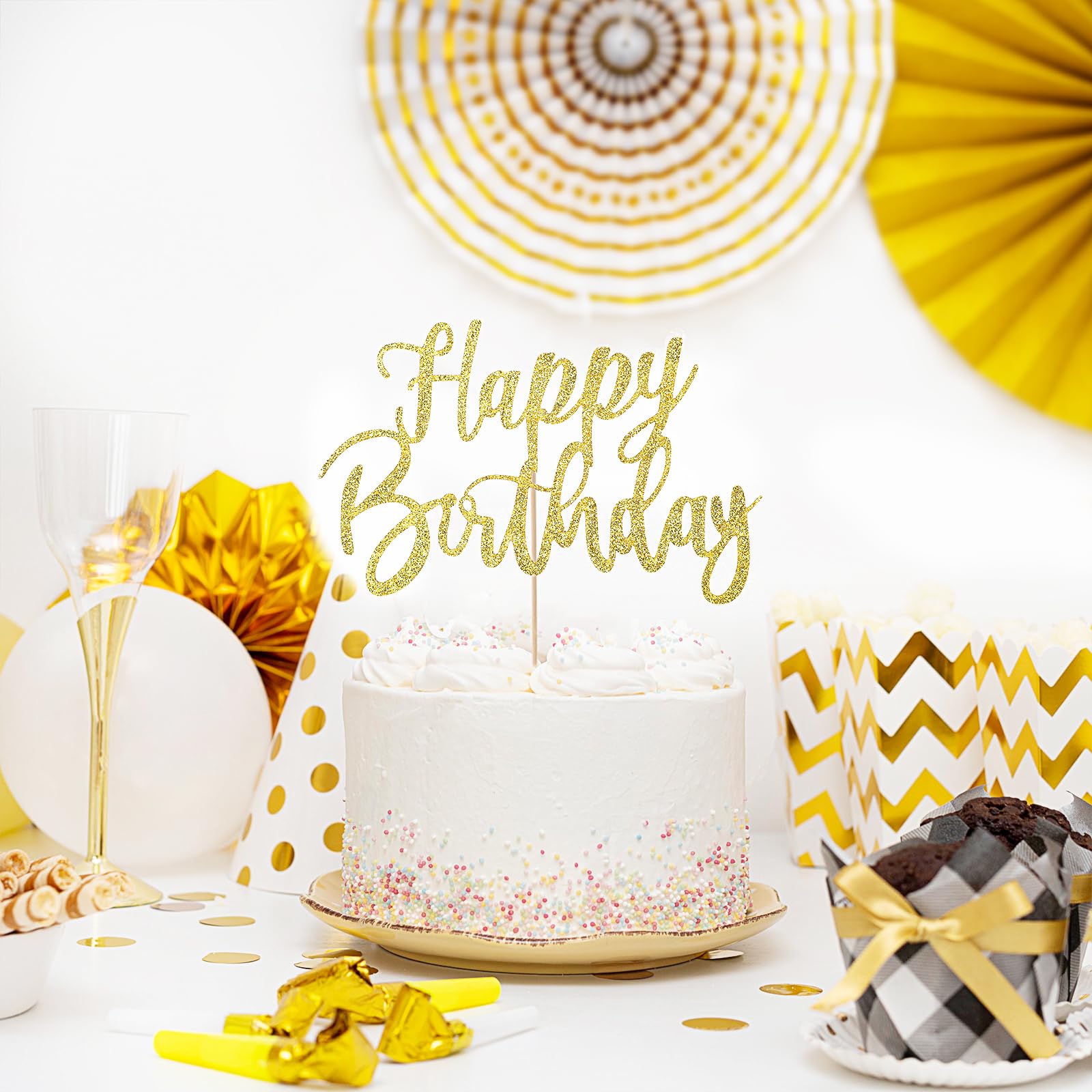Topper Per Torta Happy Birthday Glitter Oro - 17x11 Cm, Decorazione Per Torte E Cupcake Con Bastoncini In Legno