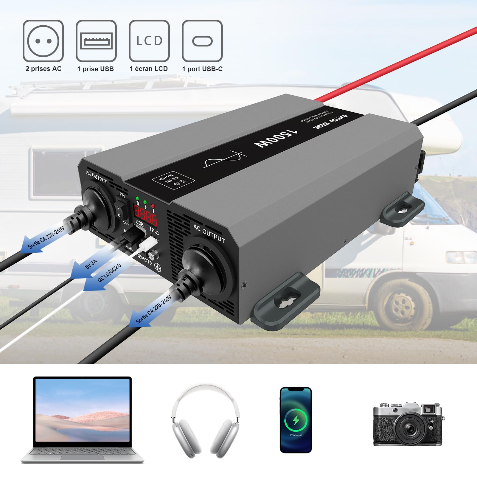 DATOUBOSS Convertisseur 12v 220v/230v Pur Sinus 1500W/3000W, Convertisseur 12v 220v 1500W, avec 2 Prises EU, Sortie USB/USB-C Et Écran LCD, Transformateur pour Camping-Cars, Camions, Camping