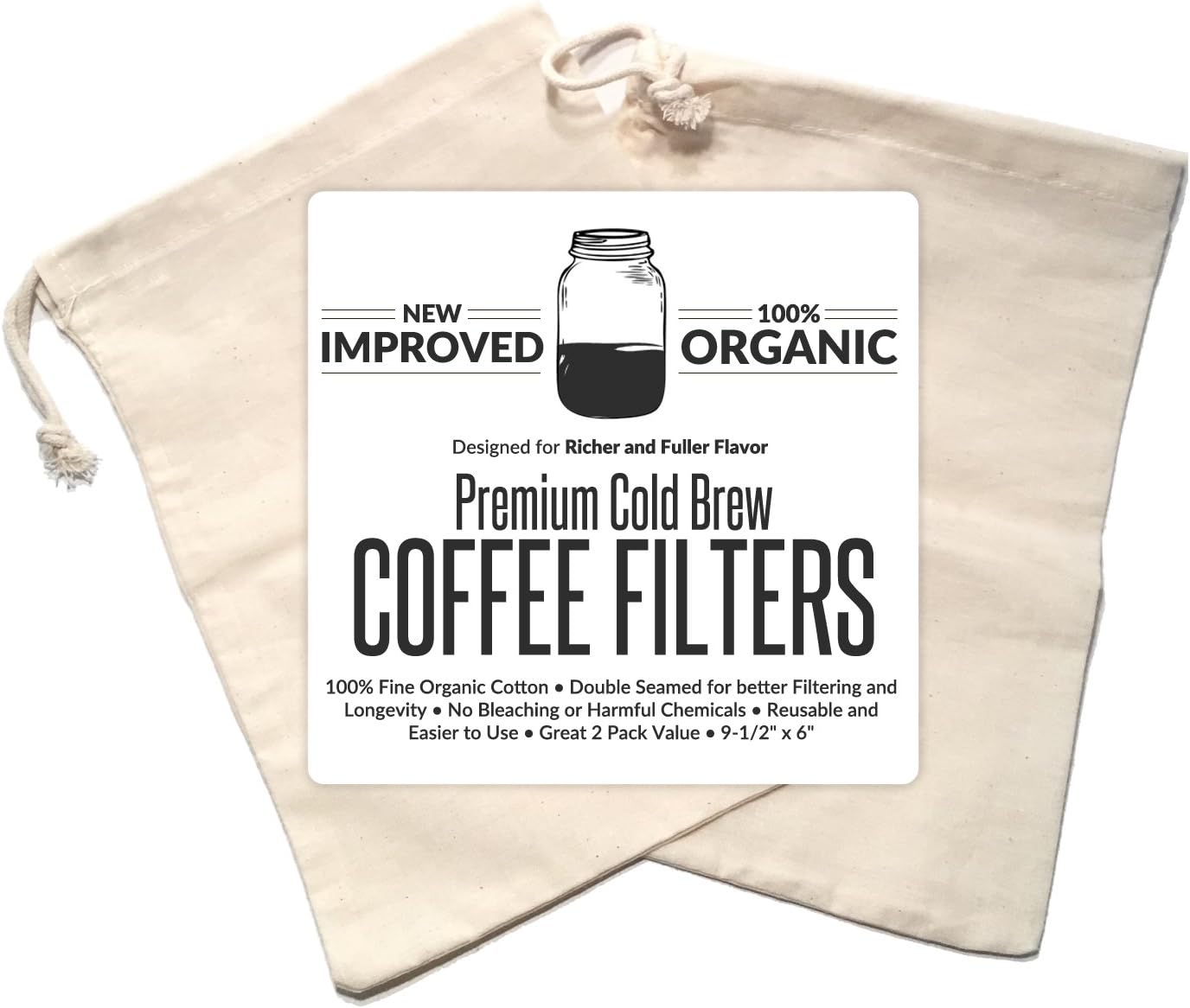 Organic Cotton Cold Brew Coffee Bag, 2Pcs Cold Brew Coffee Filters Reusable Coffee Pouches for Pitchers, Mason Jars, & Toddy Systems