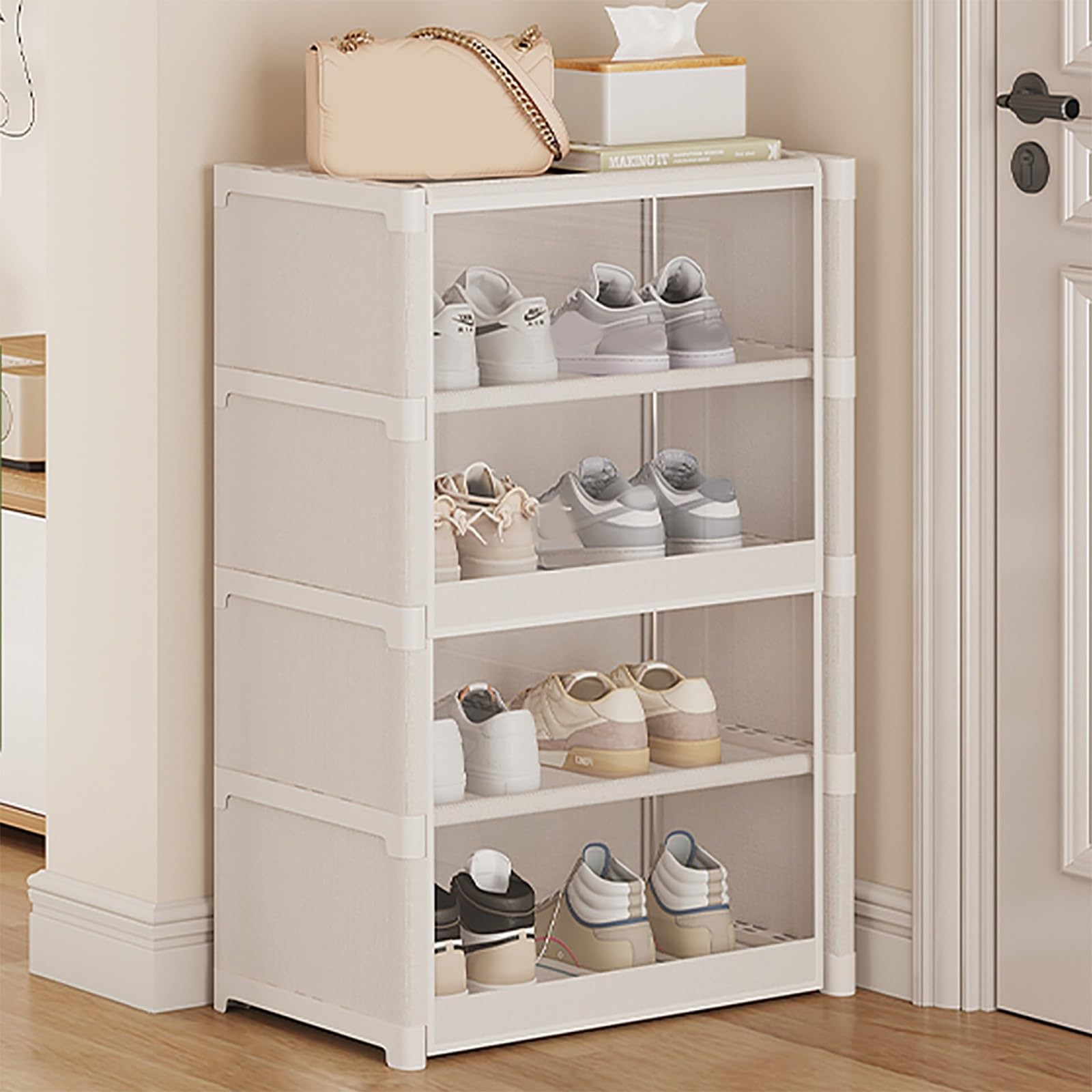 Zapatero modular con puerta, apilable de plástico para almacenamiento de zapatos para entrada, sala de estar, dormitorio, armario, color blanco (16.5 x 14.5 pulgadas), ideal para ahorrar espacio