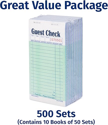 Miniatura 31 de [1500] Gorilla Supply Guest Check 4.25 x 8.5 pulgadas, 2 partes perforadas sin carbono y sueltas comprobaciones de pedido de servidor con 15 líneas