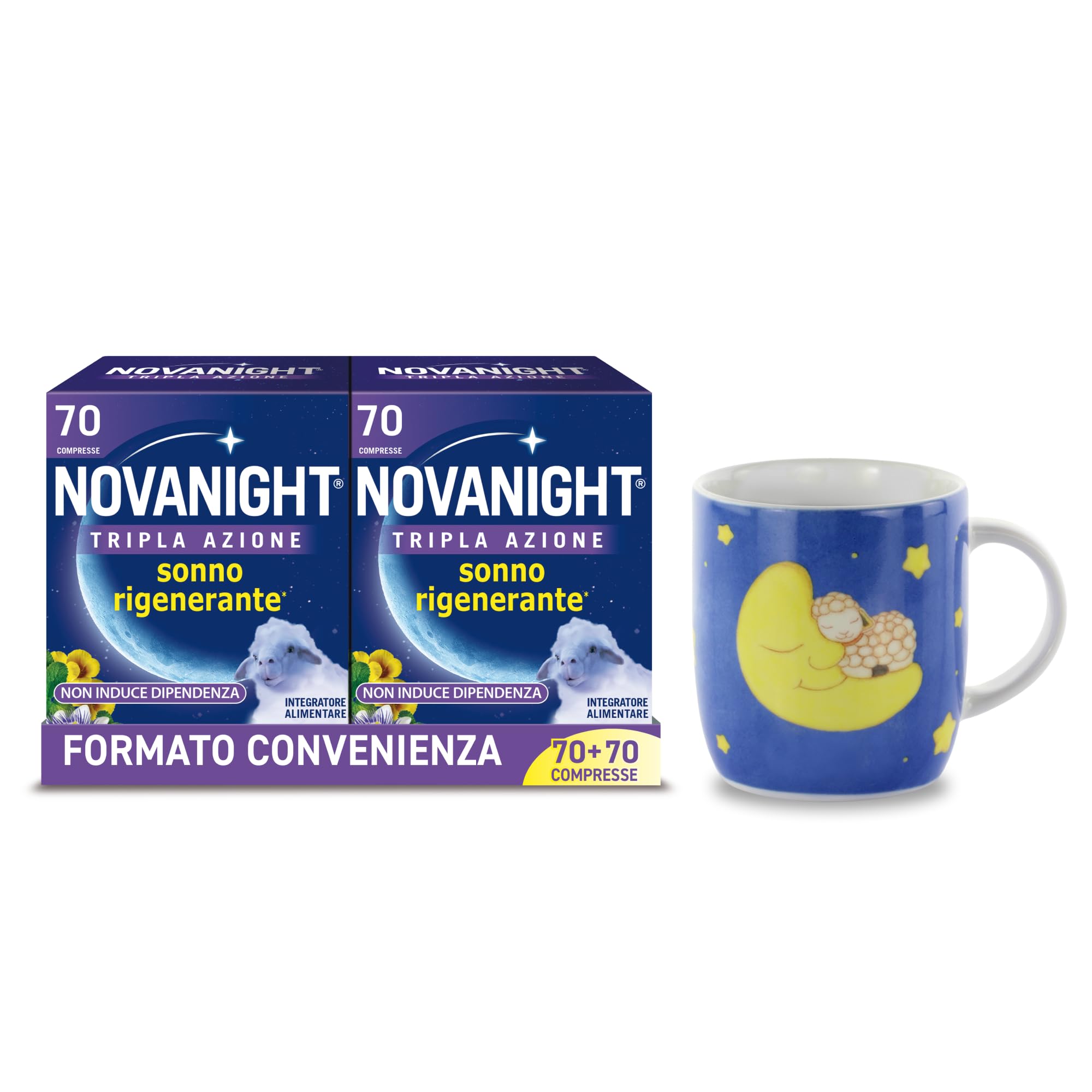 Novanight, Idee Regalo Tazza Thun in Omaggio con Novanight Tripla Azione Melatonina per Dormire, Integratori, Disturbi del Sonno - Escolzia, Passiflora, Melissa (70+70 Compresse)
