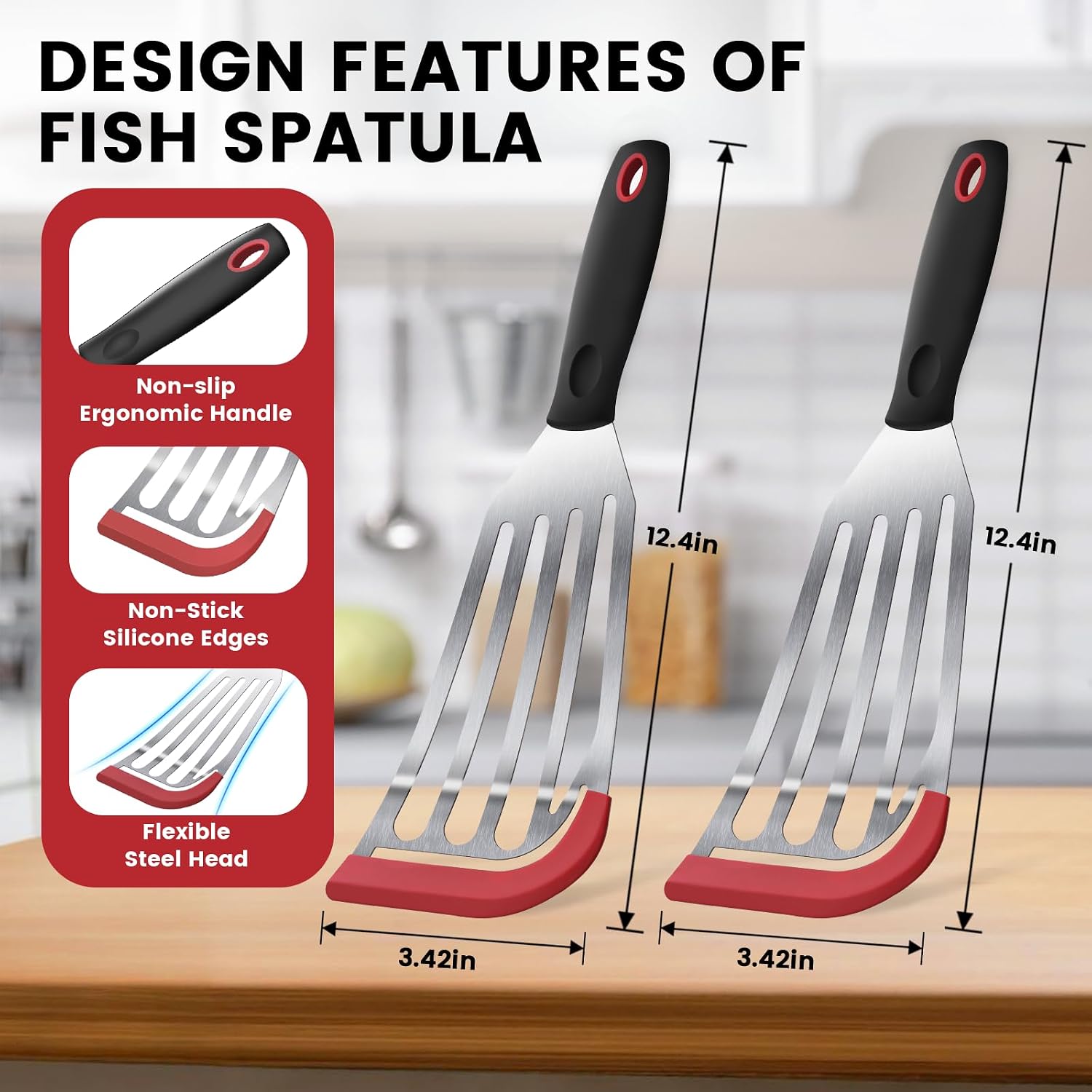 2Pcs Fish Spatula, Heat Resistant Silicone Edge for Nonstick Cookware image 2