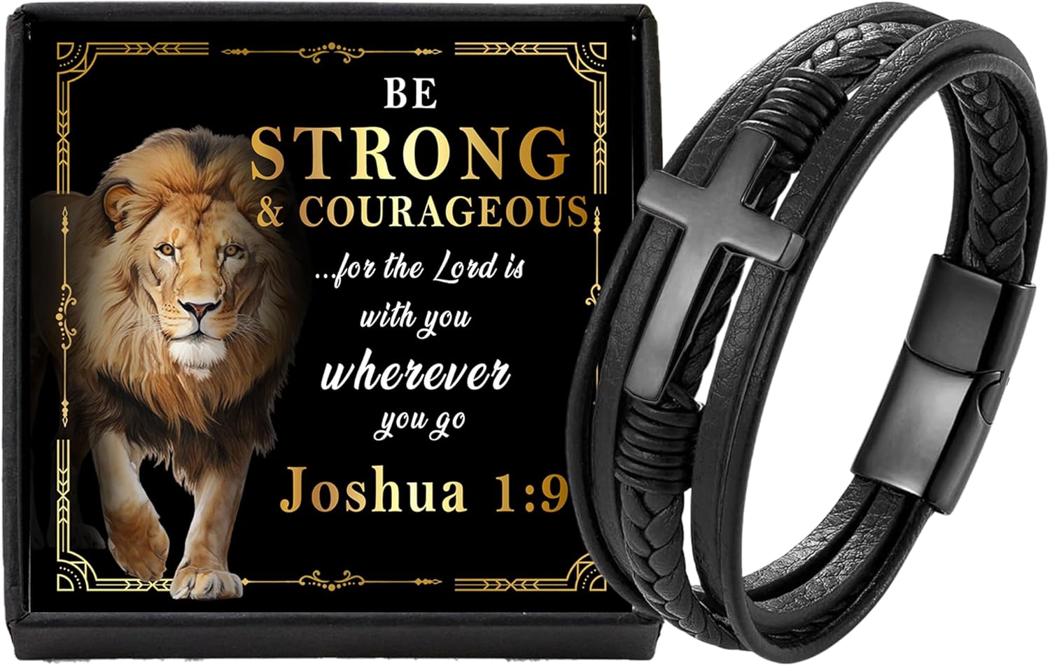 VIRAGIL Men's Cross Leather Bracelet with Bible Verse, Layer Black Leather Bracelet for Men, Christian Religious Inspirational Graduation Gift for Him Dad Husband Boyfriend Grandson Son