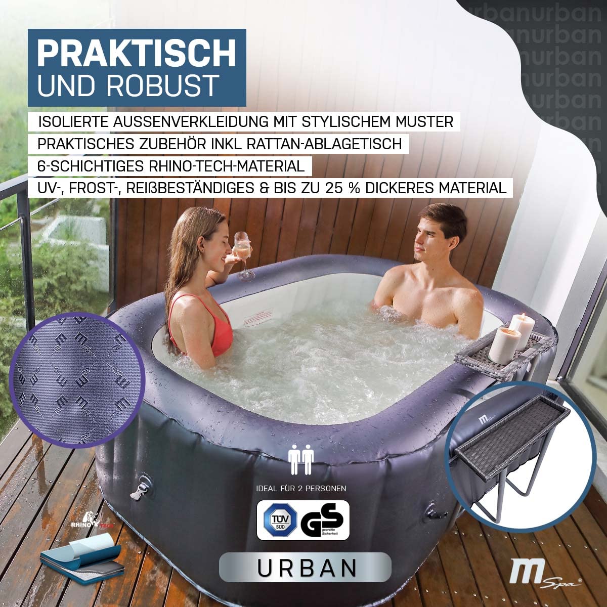 Miweba MSpa Whirlpool Nest | 2 Personen Pool aufblasbar - Spa eckig 186.0 cm x 125.0 cm - UVC+ Wasserreinigung - In & Outdoor Pool - Aufstellpool mit Fernbedienung - Hot Tub - Aufblasbarer Whirlpool