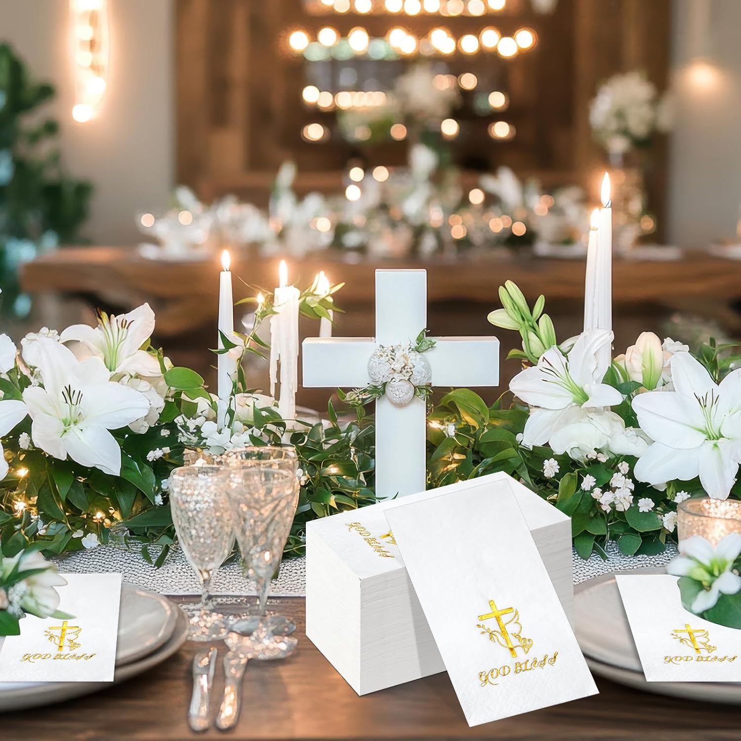 100 Pcs Easter Cross Paper Napkins Disposable, Religious God Bless Gold Foil Cocktail Napkins, He is Risen Paper Napkin for Easter First Communion Baptism Confirmation Party Supplies Decorations