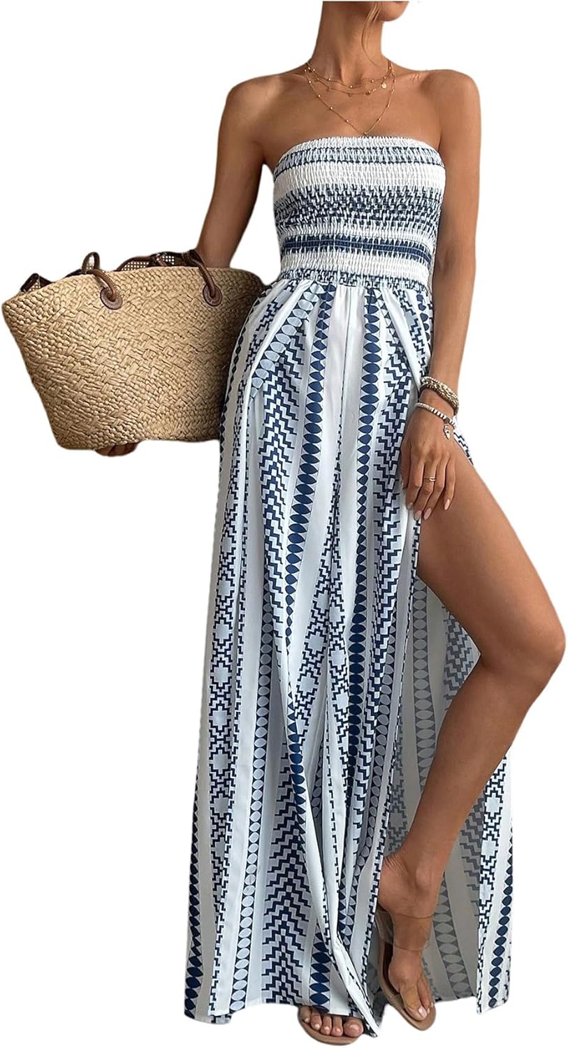 SOLY HUX Women's Boho Printed Tube Top Romper Strapless High Split Wide Leg Vacation Jumpsuits