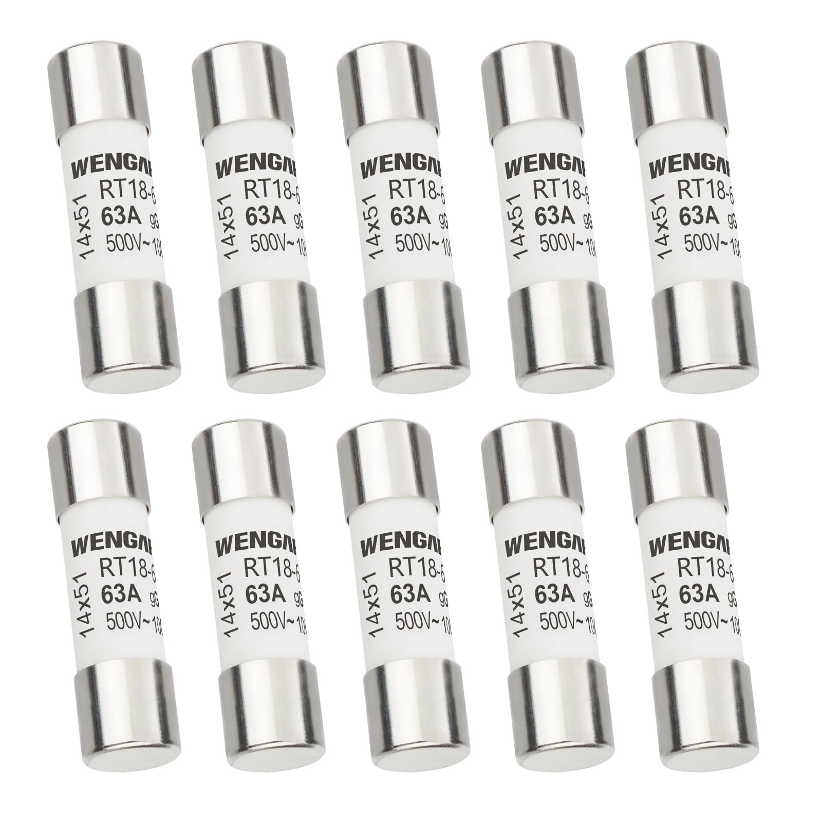 Wengart AC Cylindrical Ceramic Fuse RT18-63 (RO16), AC500V 63A, 100kA, 14x51mm, 10 pieces, Suitable for Household Appliances, Industrial Equipment,Building Electrical