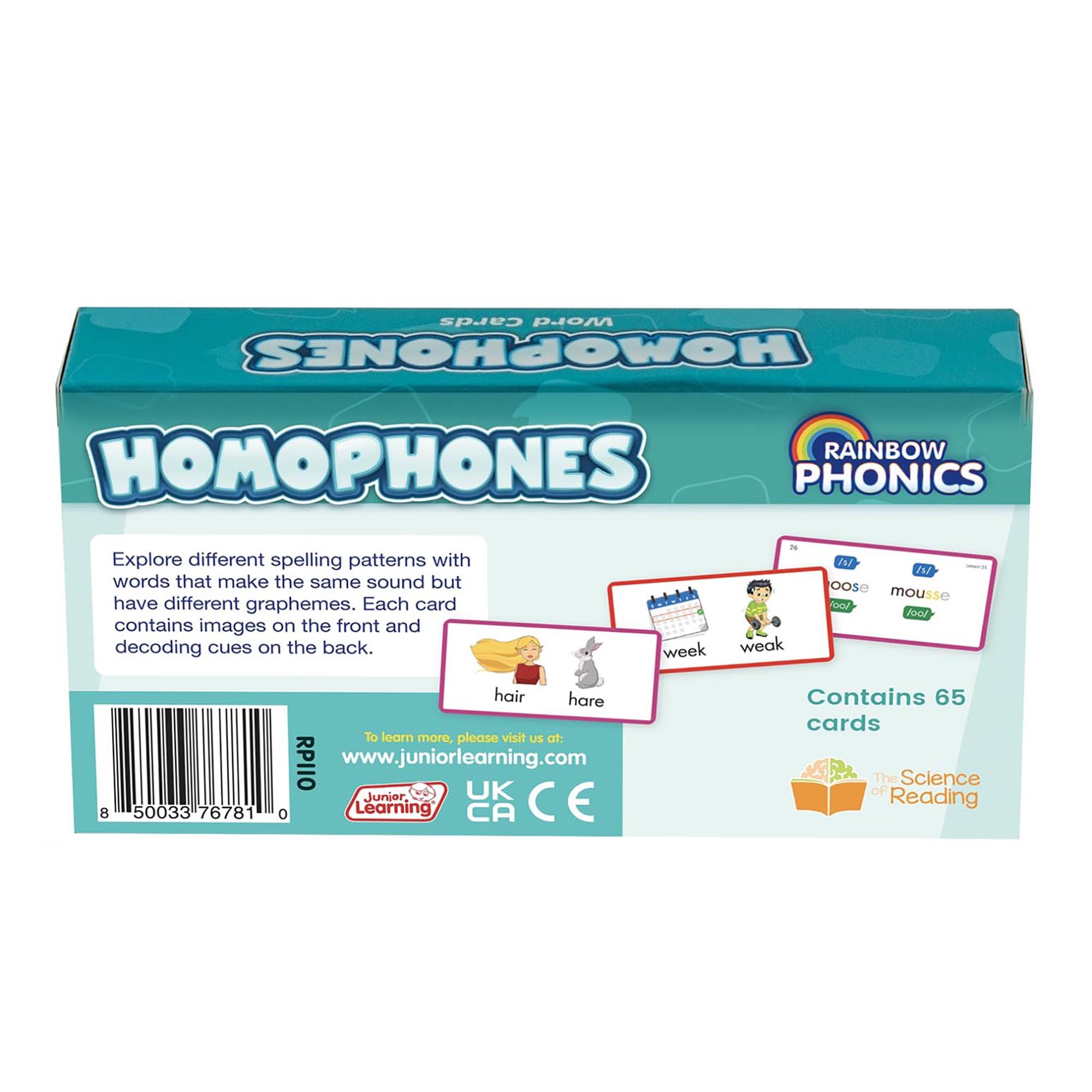 Junior Learning: Rainbow Phonics - Homophones - 65 Word Cards, Flash Cards with Sound & Spelling Association, Level Based Cards, Kids Ages 4+ - Image 2