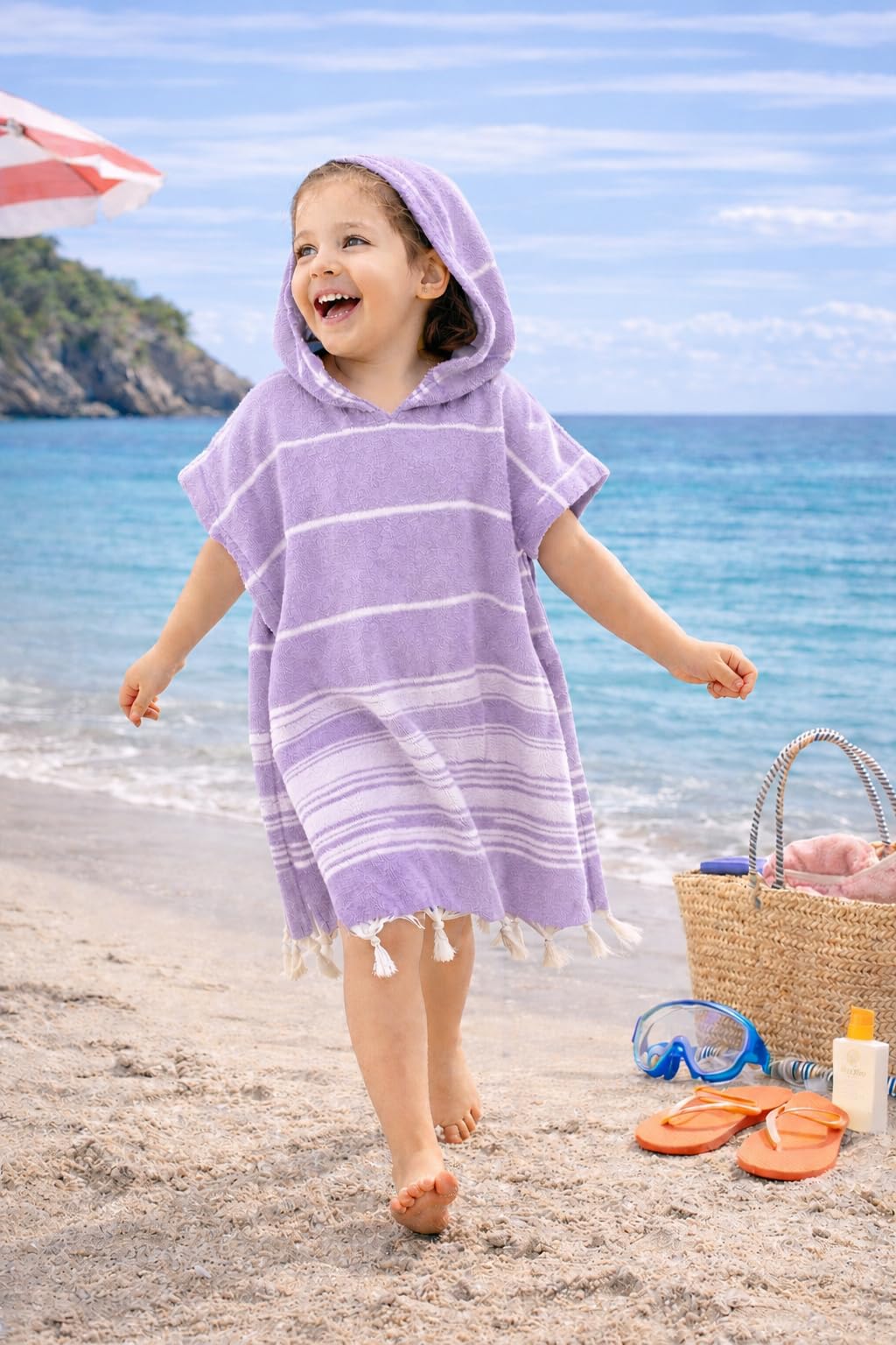 ELY PARKER Strandponcho für Kinder - 100% Baumwolle Strandtuch & Strandkleid - Saugstarkes Badeponcho für Mädchen & Jungen - Schnelltrocknend Lila