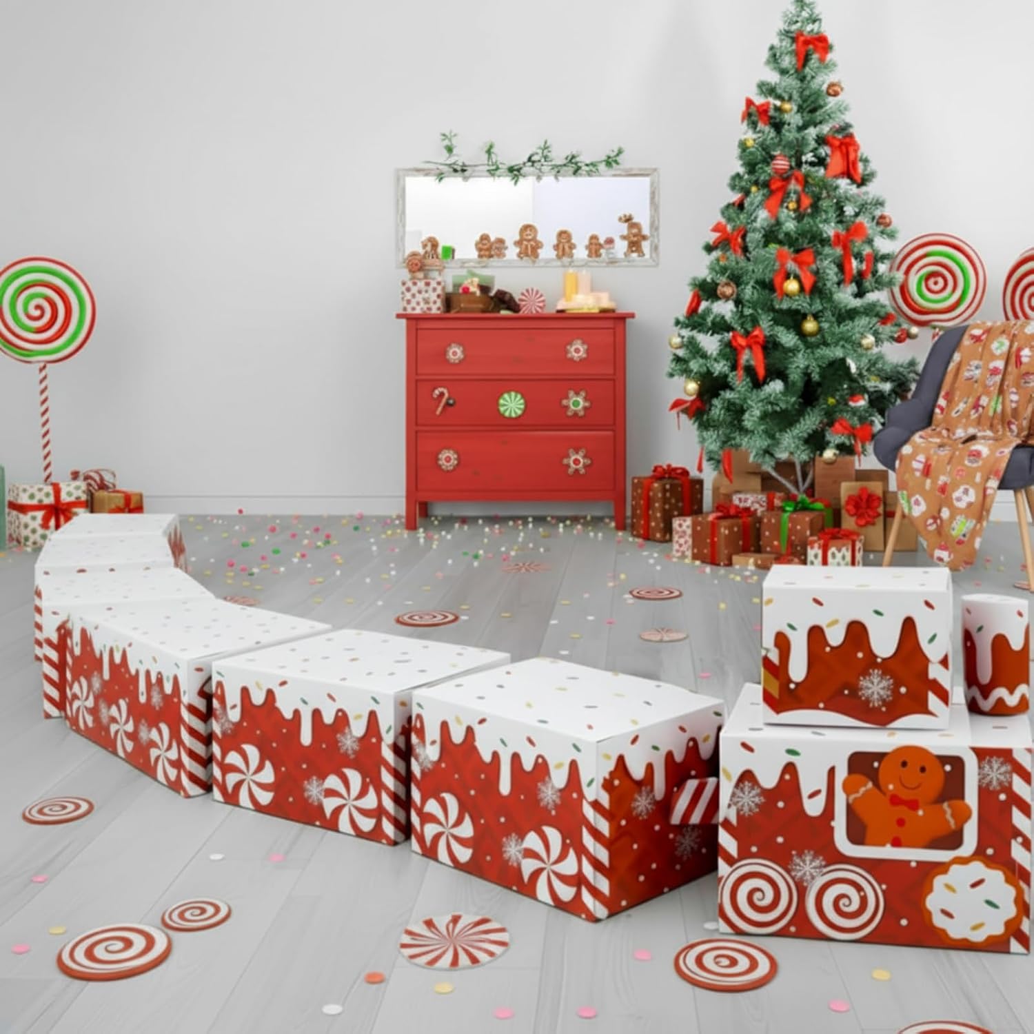 Eccliy 8 Pcs Gingerbread Train Christmas Nesting Gift Boxes Christmas Stackable Boxes Decorative for Centerpieces Gift Wrap Present Containers for Xmas Holiday Decor Candy Treat Party Favor Supplies