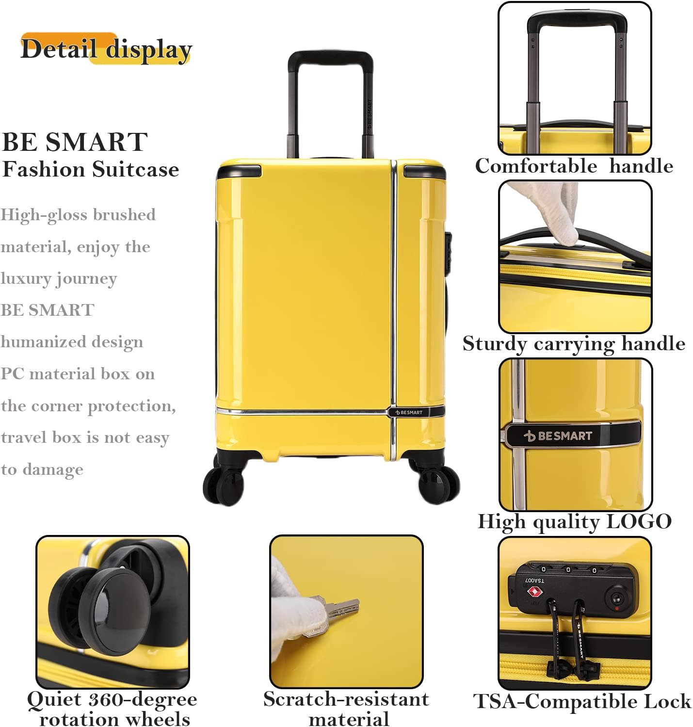 review BE SMART 20 Inches Carry On Luggage, Under Seat Hard Shell Trolley Case With 4 Spinner Wheels For Easily Boarding, Small Suitcase Made Of PC+ABS Material & TSA Lock For Business,Travel,School (Yellow)