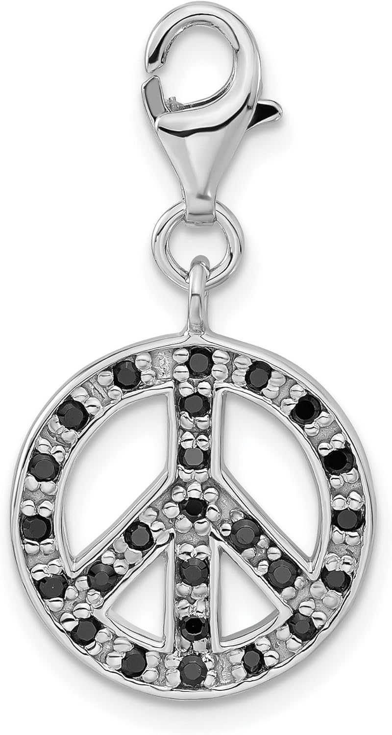 Sterling Silver Peace Sign Charm Pendant with Black CZ Stones, Clip On Lobster Clasp, Boho Hippie Jewelry for Bracelet or Necklace, Symbolic Unisex Pendant for Spiritual and Yoga Style 29 mm x 15 mm