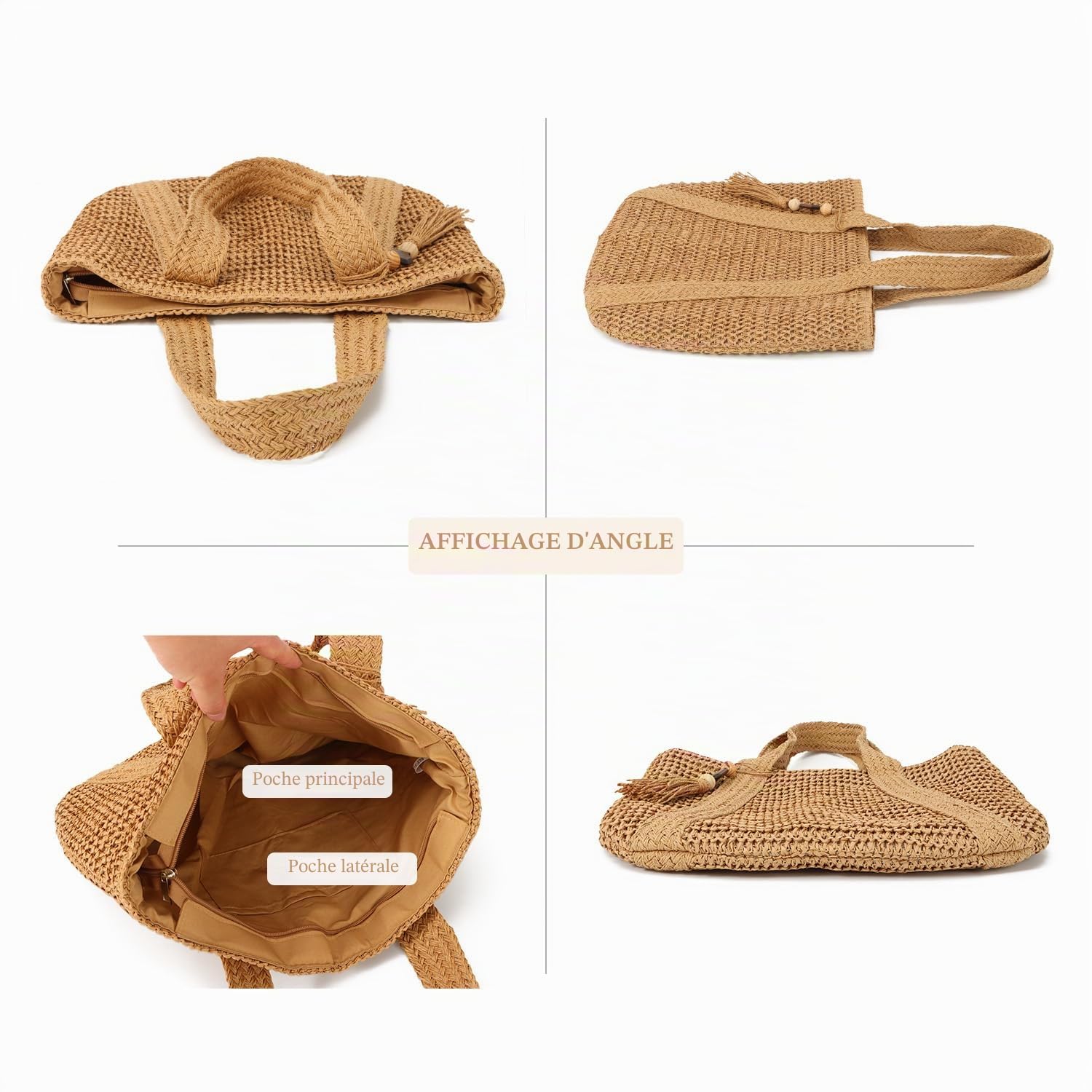 EVEOUT Sac à bandoulière en paille pour Femmes Filles Sac à main d'été en paille Cabas Sac de plage tissé pour vacances voyages(Marron clair 02)