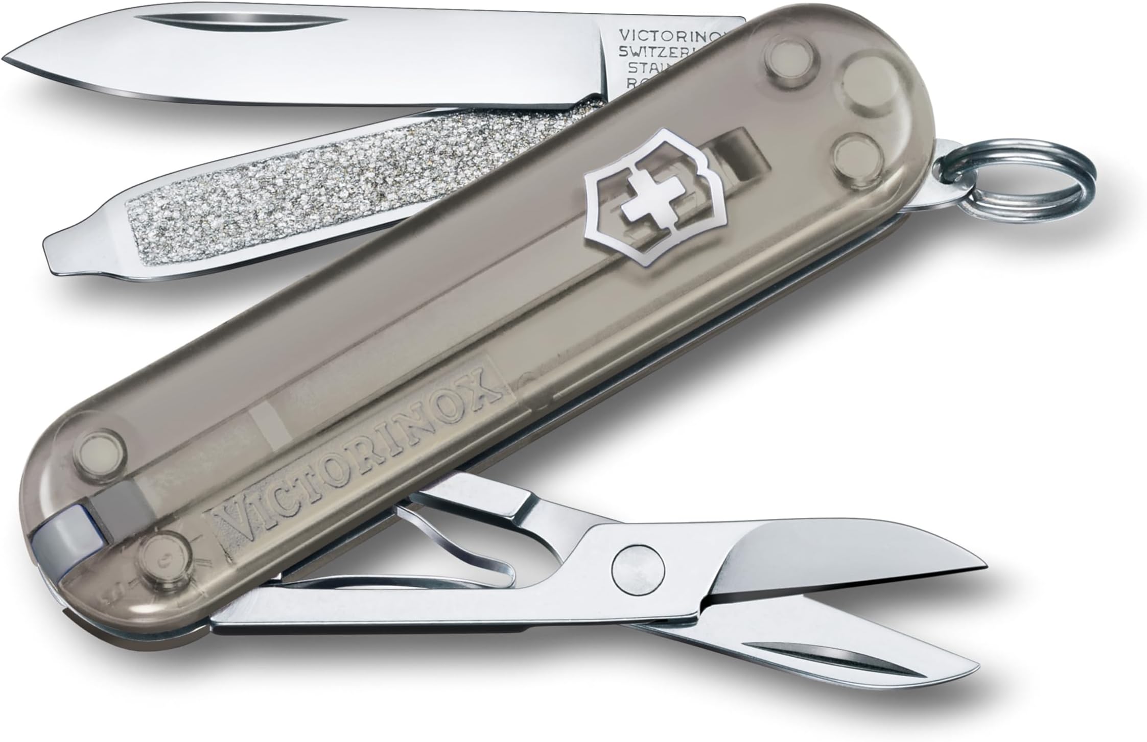 Classic SD Mini Swiss Army Knife, Camping Pocket Knives, 7 Functions, Blade, Keyring, Grey Transparent