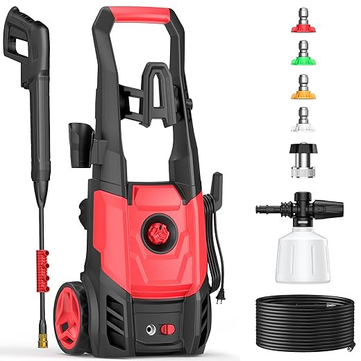 Electric Pressure Washer, 2.5 Max GPM Electric Power Washer with Foam Cannon, Powerwasher with 4 Nozzles, High Pressure Washer for Cars, Driveways, Patios, Decks