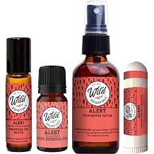 Wild Essentials Alert Essential Oil Blend 4-Piece Bundle Energy, Focus & Mental Clarity with Roll-On, Spray, Nasal Inhaler & Pure Oil Diffuser Set USA Made
