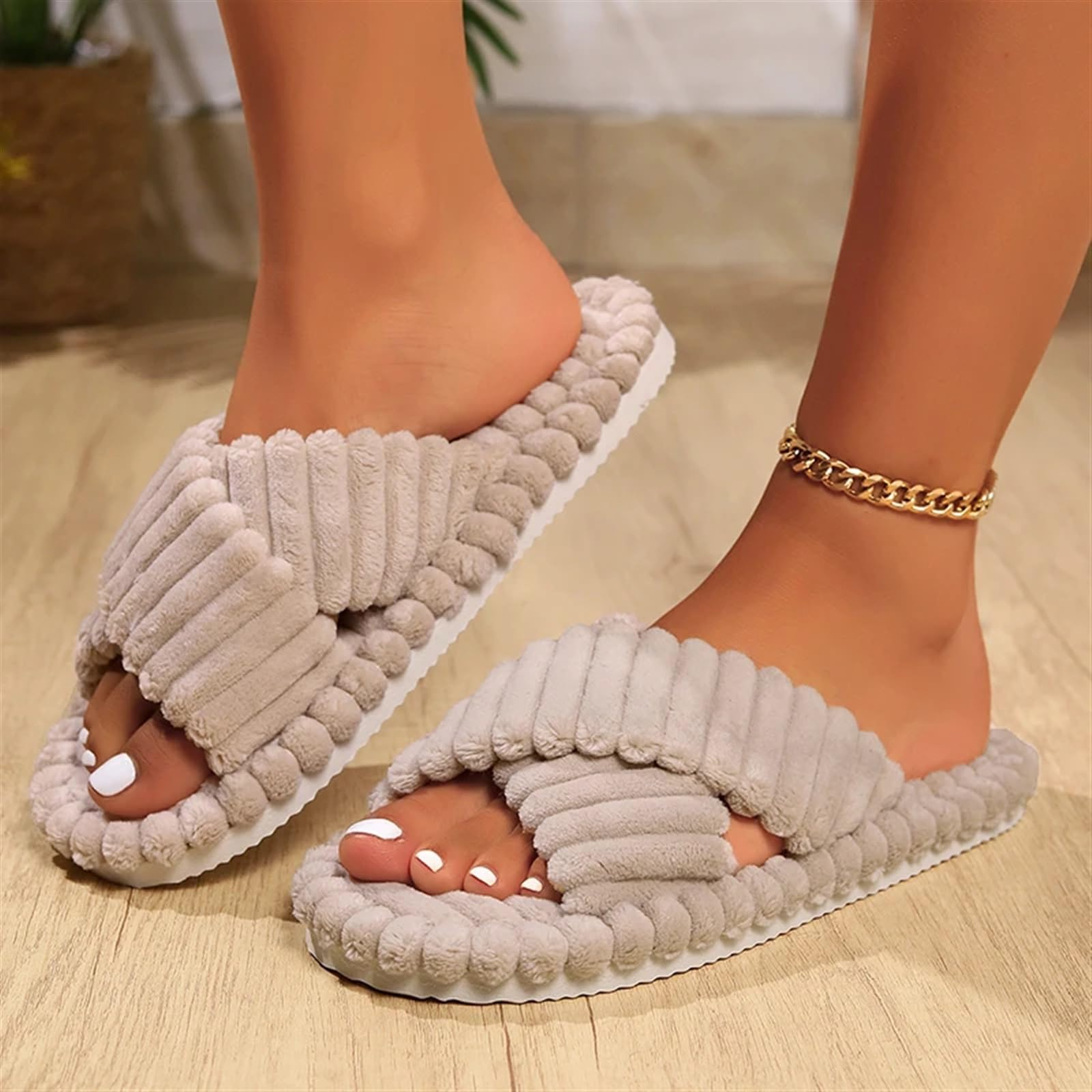 Ciabatte Donna Invernali Pantofole da casa con fascia incrociata in velluto a coste da donna, autunno inverno, calde e morbide, da donna, da camera da letto, in cotone con suola morbida(White,42-43)