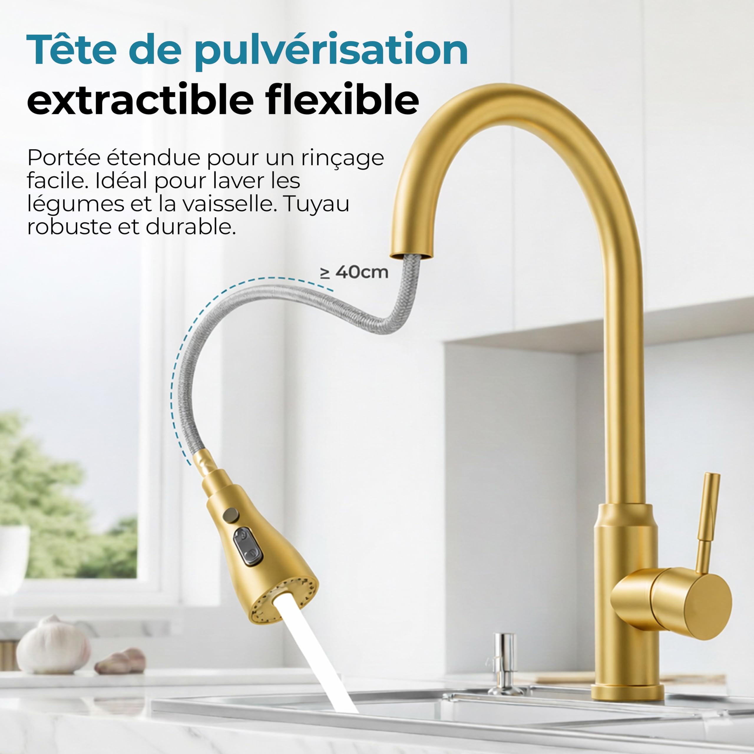 MELTA. Robinet Cuisine Douchette Extractible Pivotant 360° – Mitigeur Cuisine Évier Arc Élevé en Acier Inoxydable, Robinet Flexible avec 3 Modes Jet, Tête Pulvérisation Extractible (OR BROSSÉ) - 4