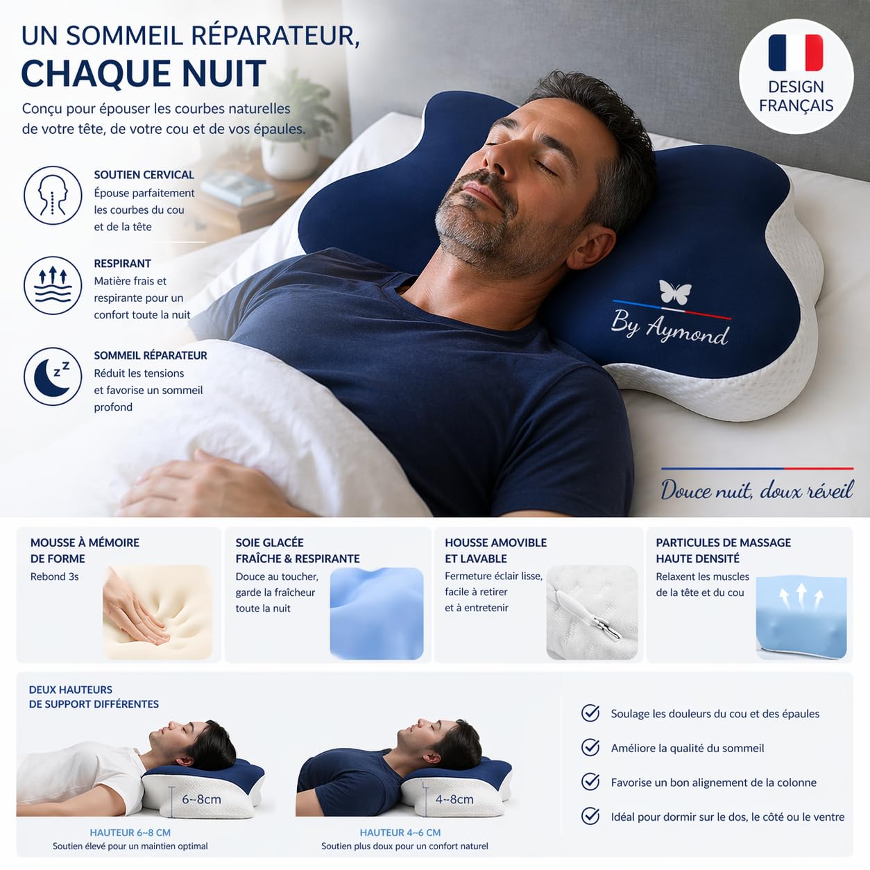 Oreiller Orthopédique Mémoire de Forme 3s Rebond | Respirant & Rafraîchissant | Anti-Ronflement & Apnée du Sommeil | Zones de Soutien Tête, Cou & Côté | Douce Nuit – Doux Réveil