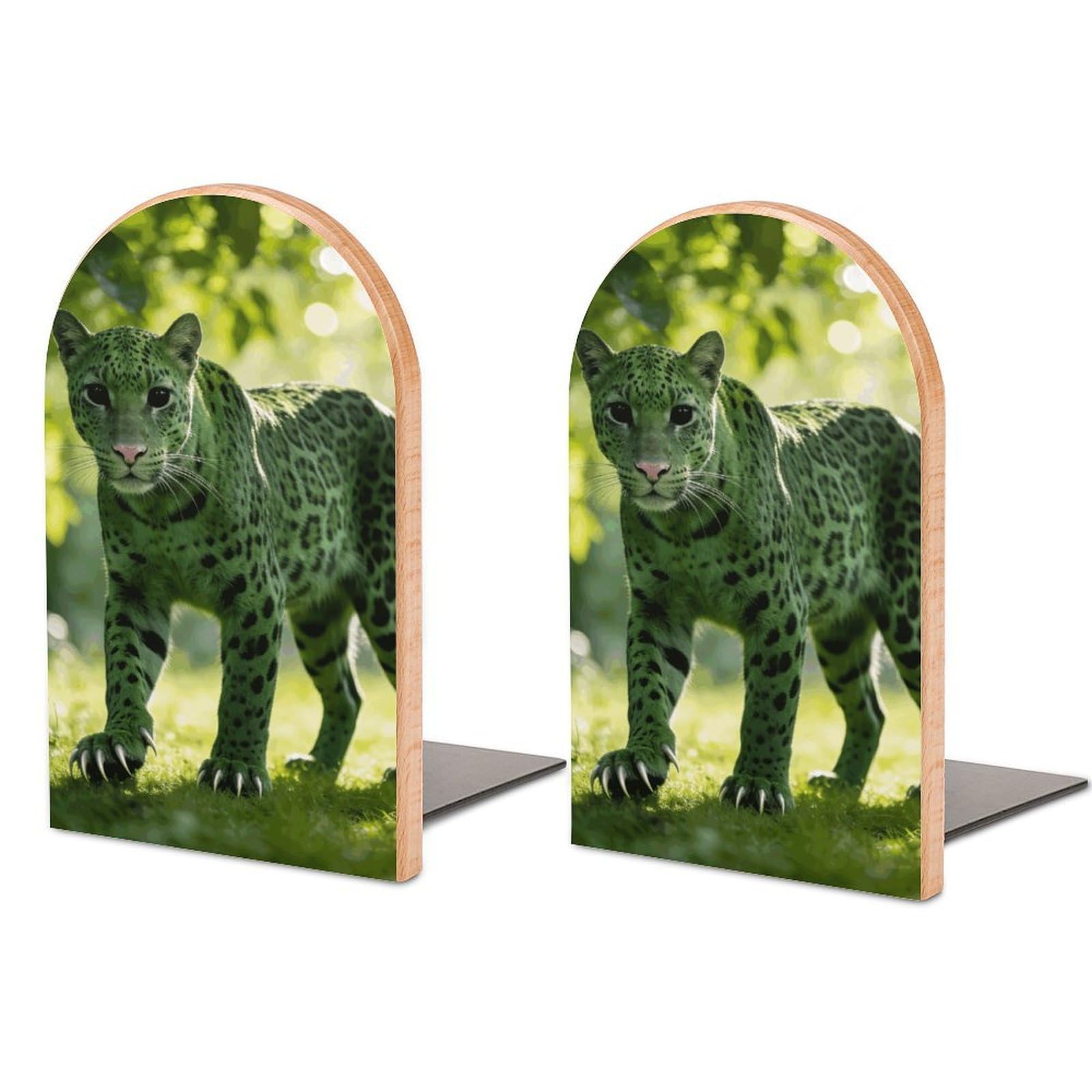 Sujetalibros de leopardo verde en madera y metal, 1 par de soportes antideslizantes para estanterías