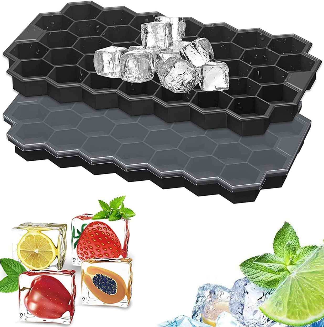 Showay Ice Cube Tray with Silicone Removable Lid, 37 Honeycomb cubes, Flexible and Easy Release for Freezer, Cold Drinks, Cocktails & Soda(1 Pack)