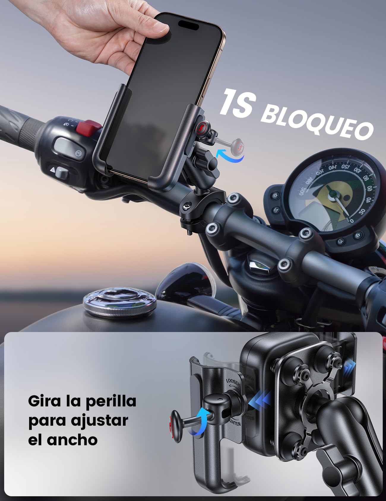 Lamicall Soporte Móvil Moto - [Metal Completo] [Brazo Extensible] [Antivibración] Antirrobo, Soporte Móvil Bicicleta de Manillar, 2 x 360° Rotación, para iPhone 17 16 y Otro Smartphone de 4,7-7,2"