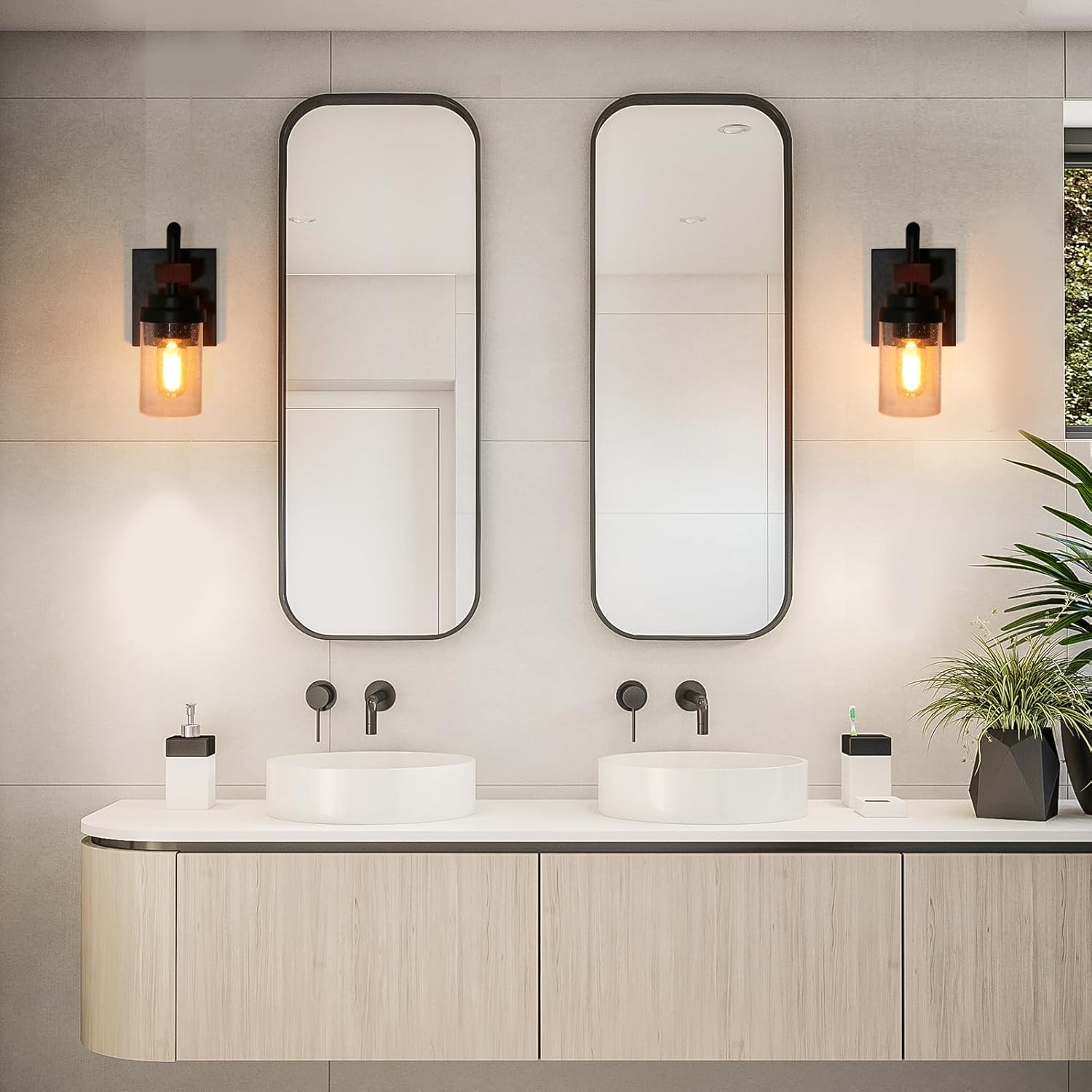 Rustic Wood Wall Sconce with Seeded Glass Shade, Vintage Industrial Hardwire Bathroom Light Log Cabin Home Retro Edison Wall Light Fixtures 1-Light, Black (17804)