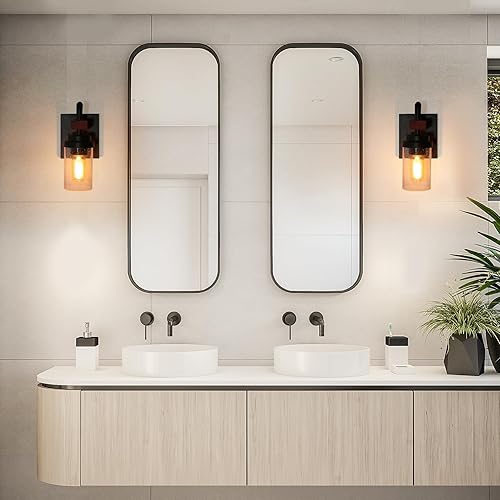 Miniatura 3 de Aplique de pared de madera rústica con pantalla de vidrio sembrado, lámpara de baño industrial vintage con cable duro, cabina de troncos para el