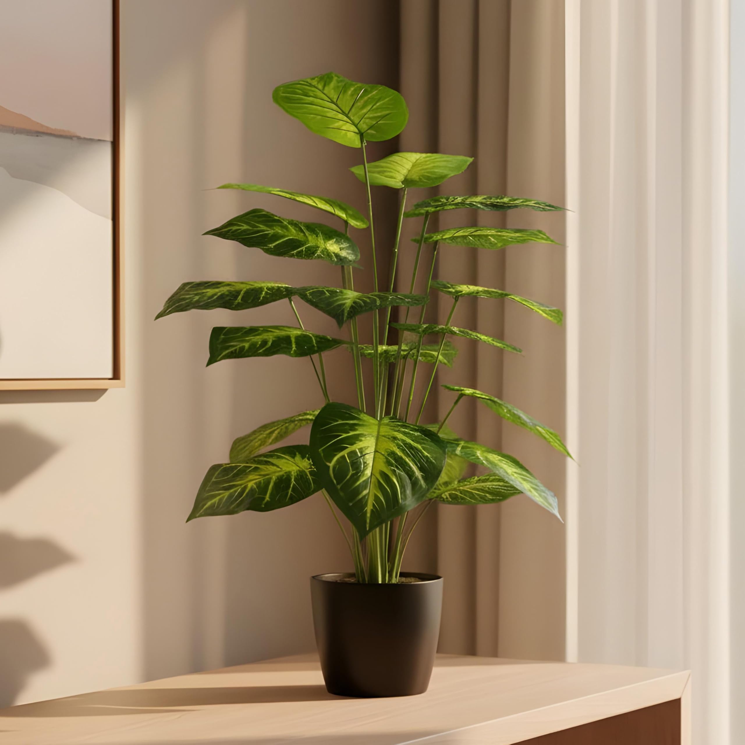 AAVANA GREENS 30 Inch Artificial Plant Philodendron with Black Pot Tropical Caladium Ornamental Plant for Indoor and Outdoor, Home, Shop, Office, Restaurant Decor Dark Green (Pack of 1), Plastic