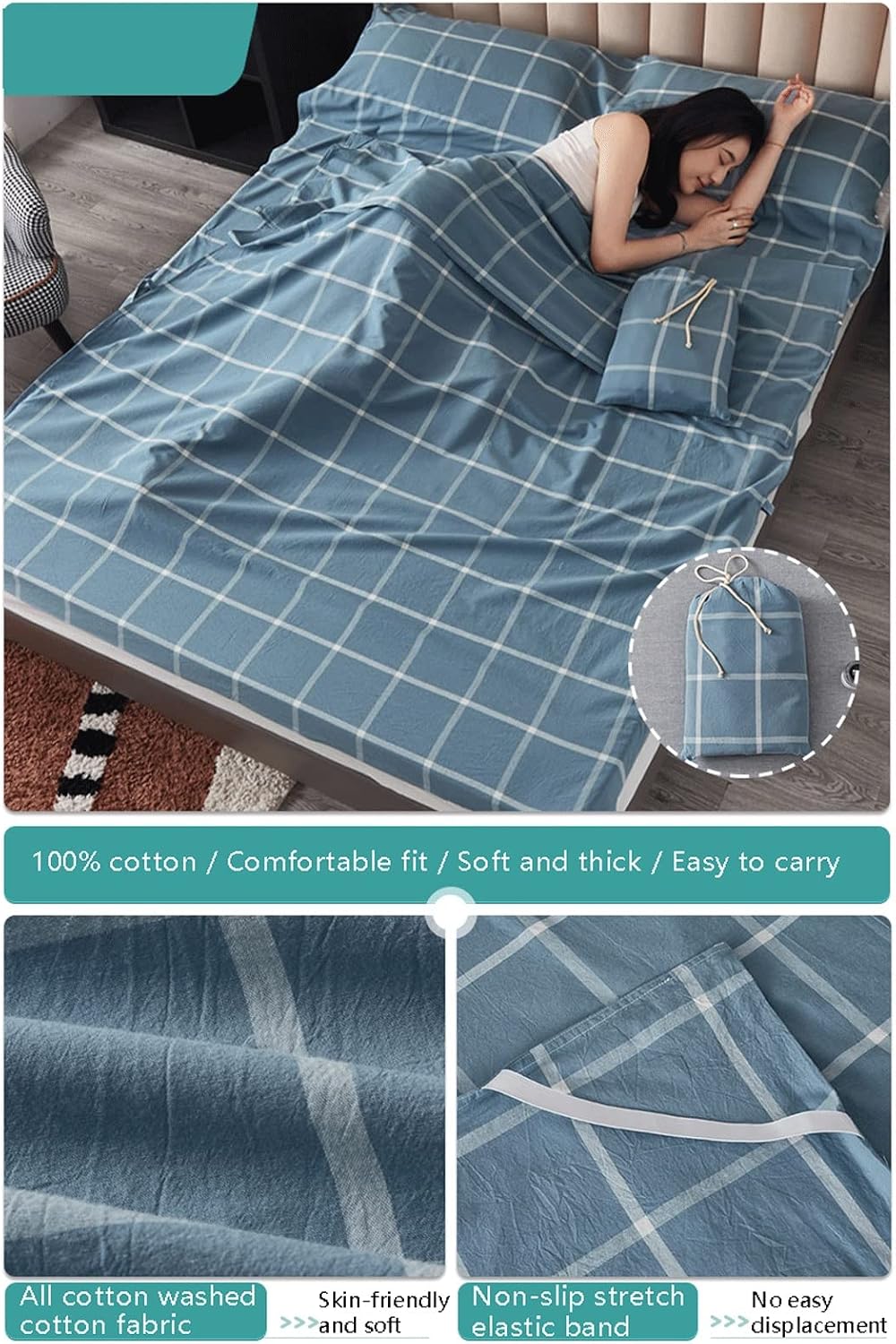 Sleeping Bag Liner Cotton Plaid Stripes Camping Travel Sheets Adults Children Sleeping Sack for Backpacking Hotel Hostels Traveling Lightweight Single Double Sleep Sack ( Color : Blue B , Size : 160x2