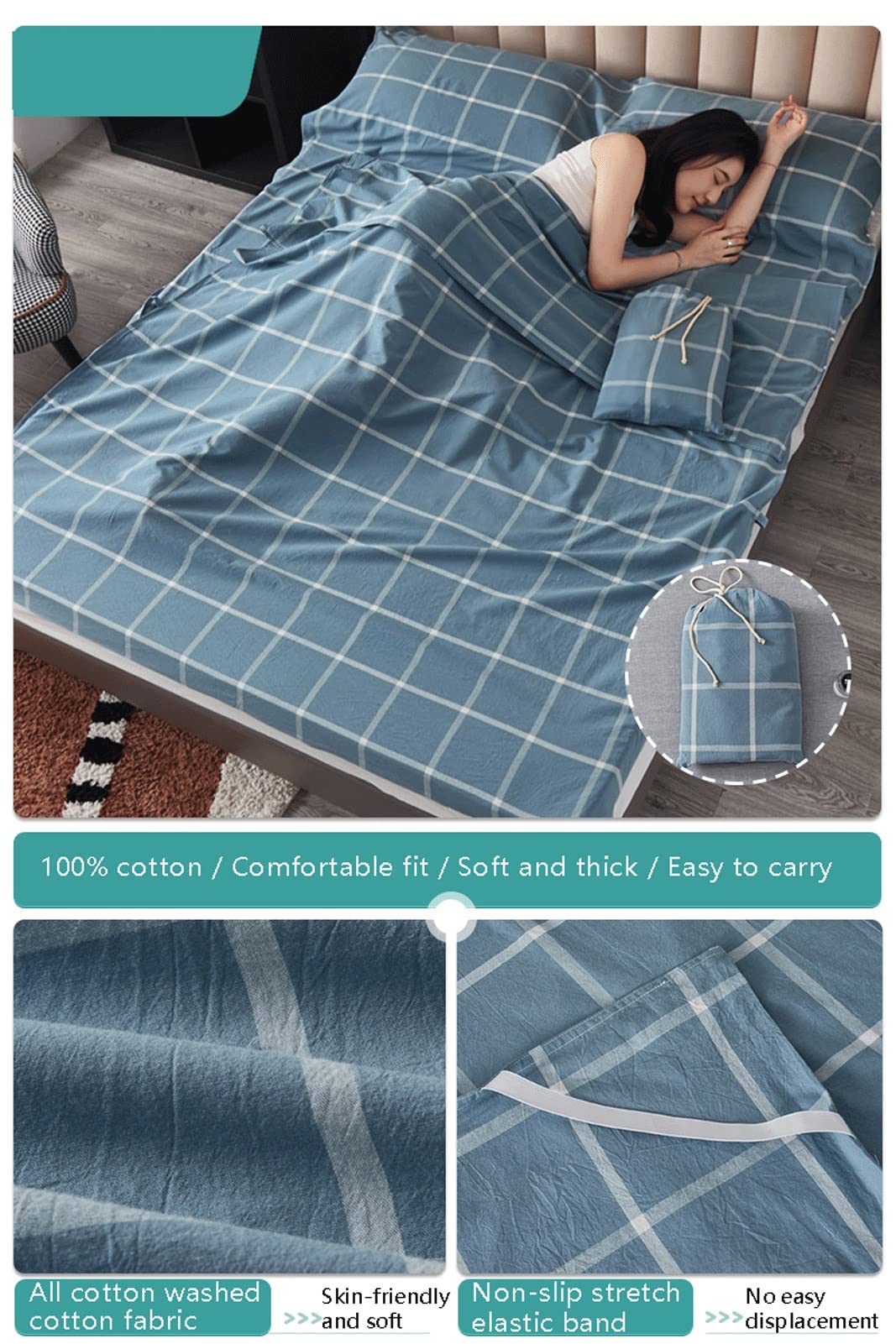 RUZGAR Sacco a Pelo Matrimoniale Sacchi a Pelo Estivi Sacco a Pelo Leggero e Compatto in 100% Cotone Motivo a Righe a Quadri Sacco Nanna for Viaggi in Hotel (Color : Blue B, Size : 120x210cm-47x82)