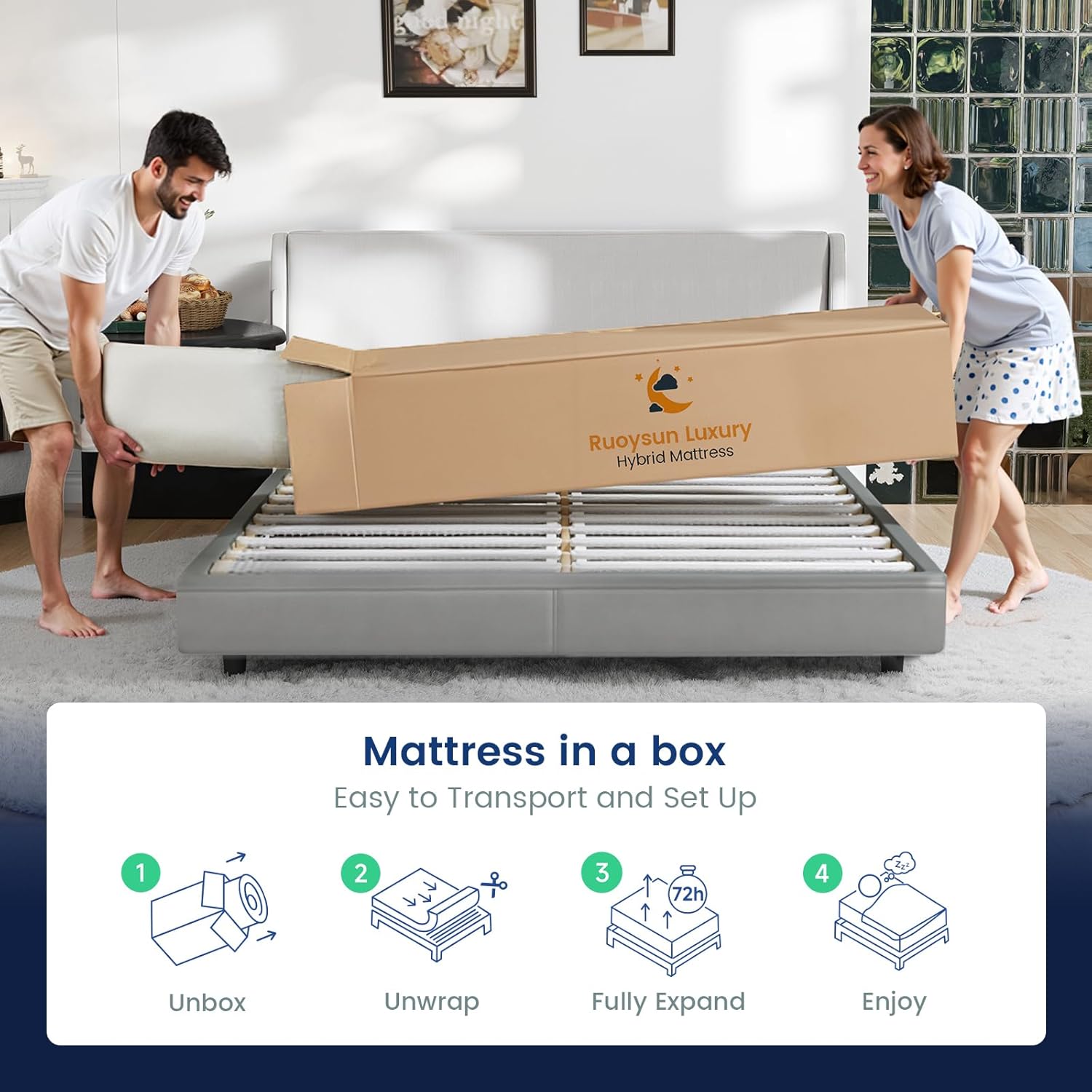 Ruoysun Queen Mattress, 12 Inch Medium Plush Hybrid Queen Size Mattress in a Box, Strong Edge Support, Motion Isolation, with 7-Zones Pocket Springs, Fiberglass-Free, Pressure Relief, CertiPUR-US