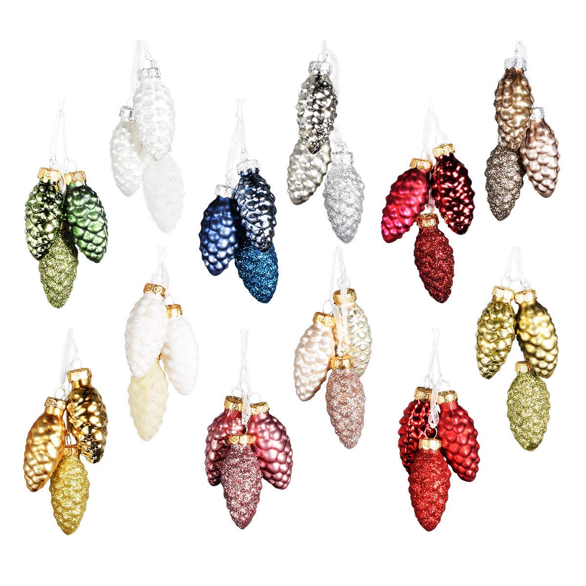 Set of 12 Glass Small Pine Cone, Bling Bling Christmas Ornaments Hanging Ornaments for Christmas Tree, Merry Christmas Decorative Xmas Decor Ornaments Party Decor Gifts (Mixed 36 pcs)