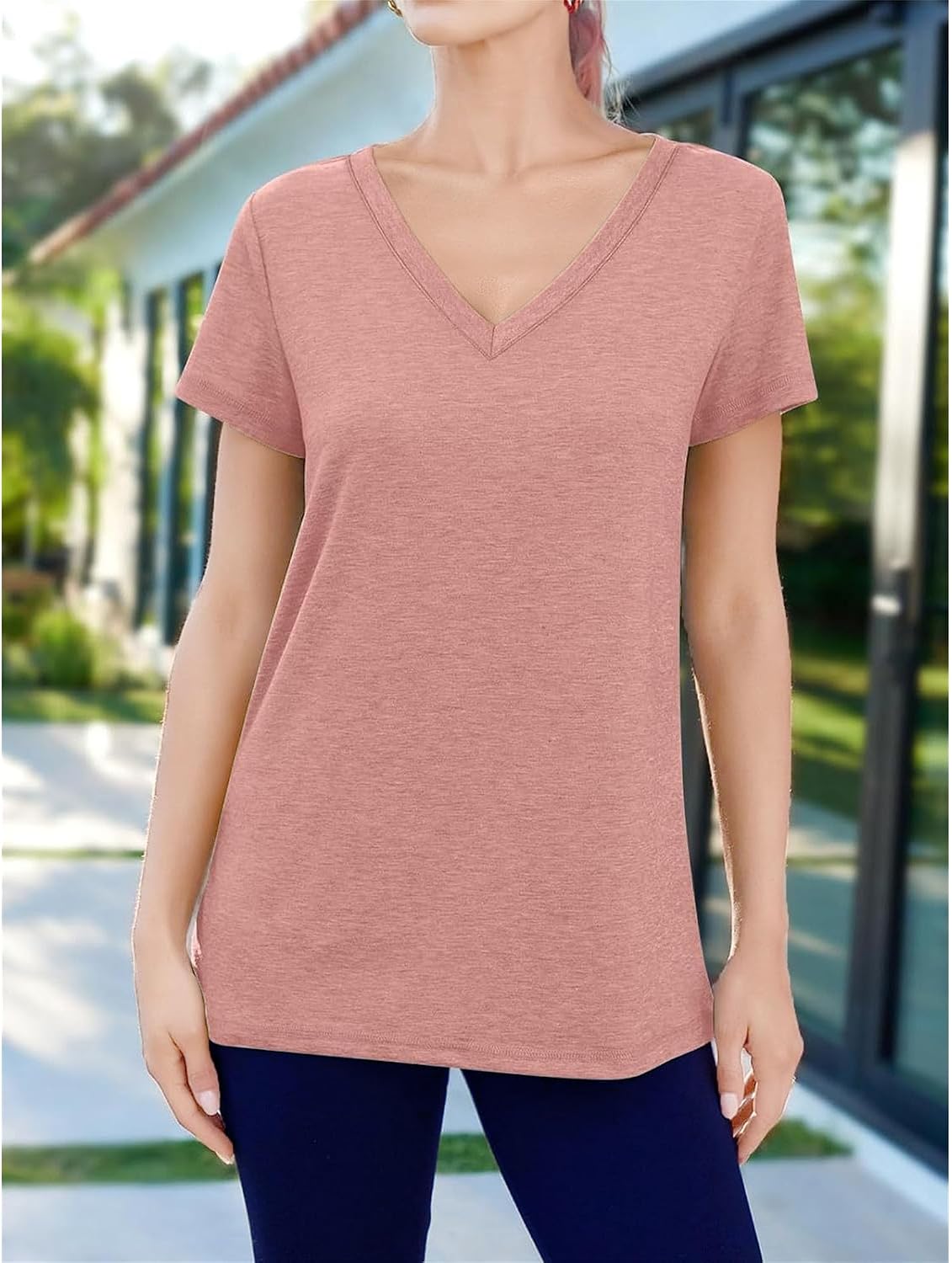 Womens Short Sleeve T Shirts V Neck Loose Fit Basic Tee Tops Solid Color Casual Summer Tops Outfits Clothes (Pink,X-Large)