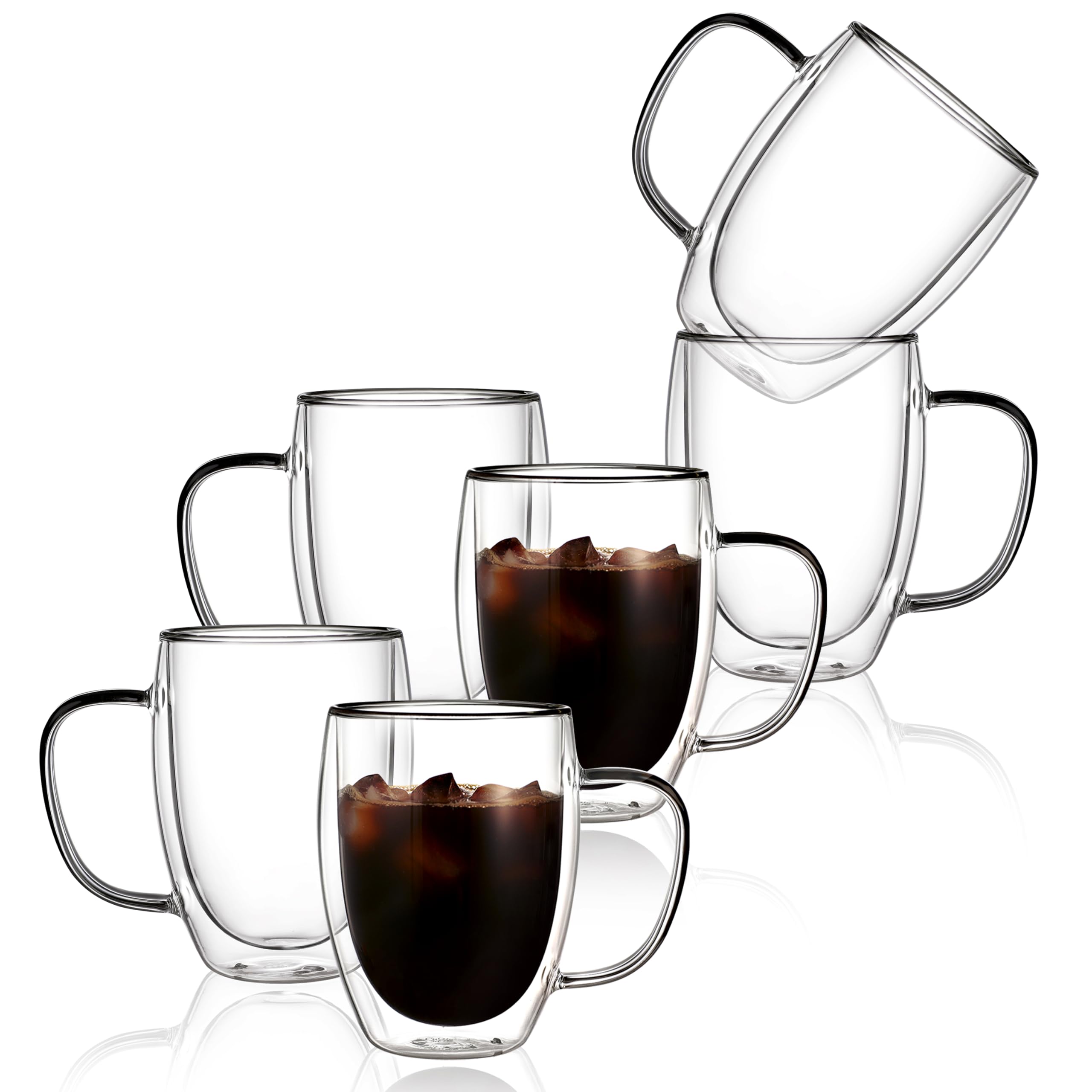 CNGLASS 6 Pack Double Walled Glass Coffee Mugs，350ml Clear Coffee Cups with Handle，Insulated Glass Espresso Mugs for Latte,Cappuccino,Teabag