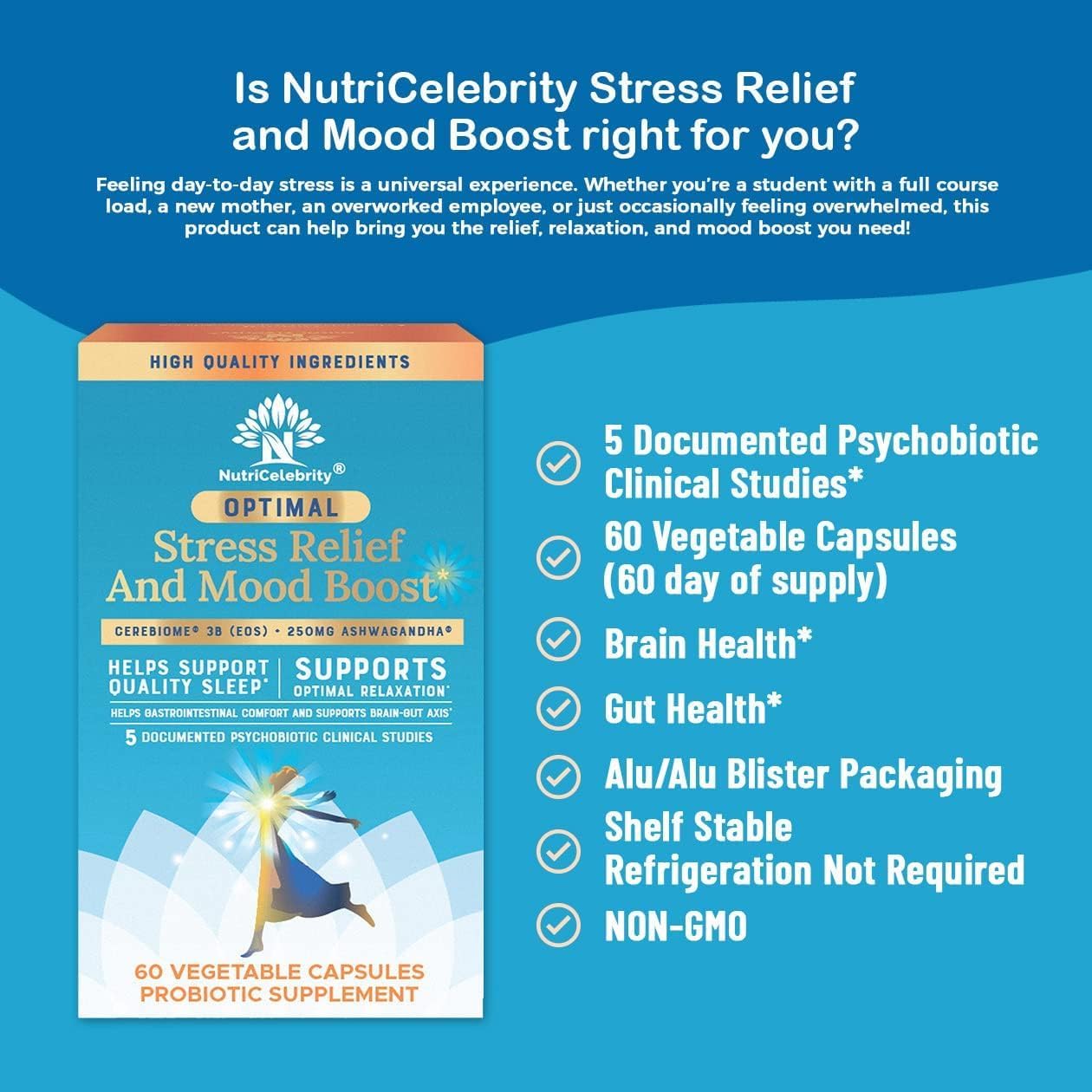 Nutricelebrity Optimal Stress Relief Supplement, Mood Support, Sleep Aid, Ashwagandha Organic, KSM-66, Brain Focus, Probiotics for Women, Gut Health, Vegan Non GMO 60 Days Supply - 2 Pack