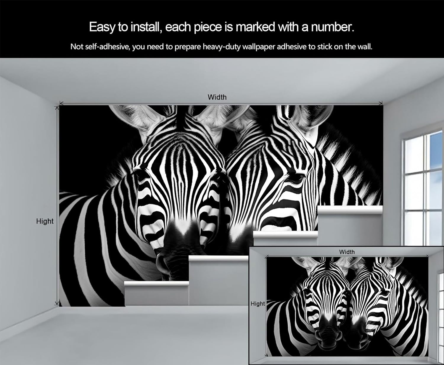 Zebra 3D Wallpaper, Zebra Wall Mural, Black and White Animals Murals for Farmhouse Living Room Bedroom Sofa TV Background Decor Murals - 118" W x 91" H