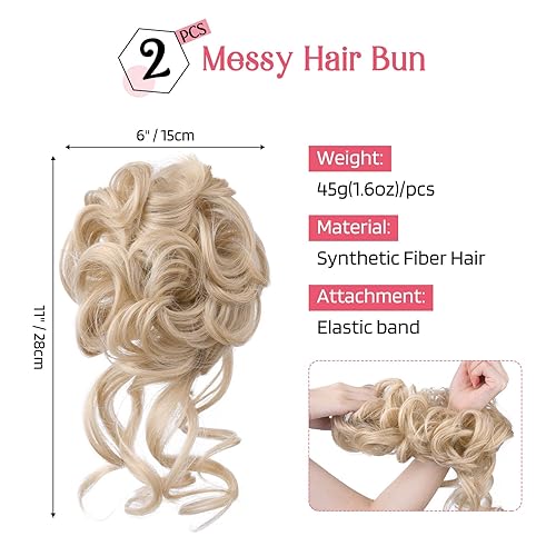 Miniatura 2 de HOOJIH 2 piezas de postizo de moño despeinado, recogido despeinado con mechones, extensiones de moño de cabello ondulado y rizado, envoltorio de