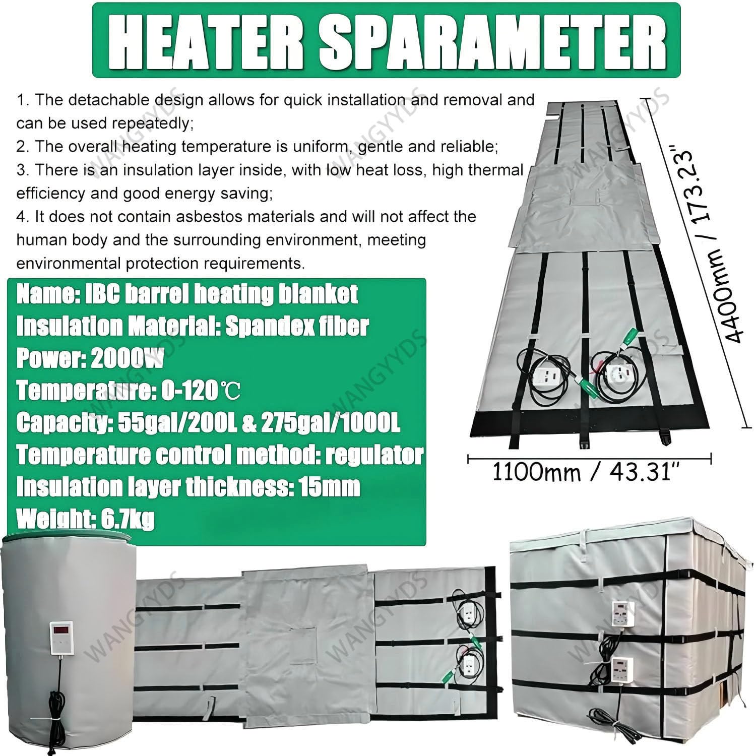 Manta Calefactora Profesional Para Contenedores Ibc De 275 a 330 Galones, Con Cobertura Total, Ip67, Calentamiento Rápido Y Alta Potencia, Calentador Para Contenedores Ibc Grey-275Gallon/1000L