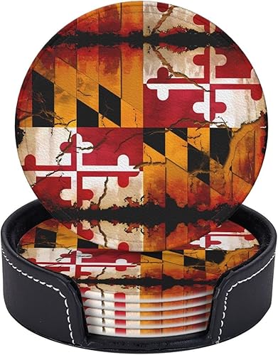 Miniatura 5 de Posavasos de madera vintage con soporte para bebidas con la bandera de Maryland, juego de 6, posavasos redondos impresos para escritorio de café,