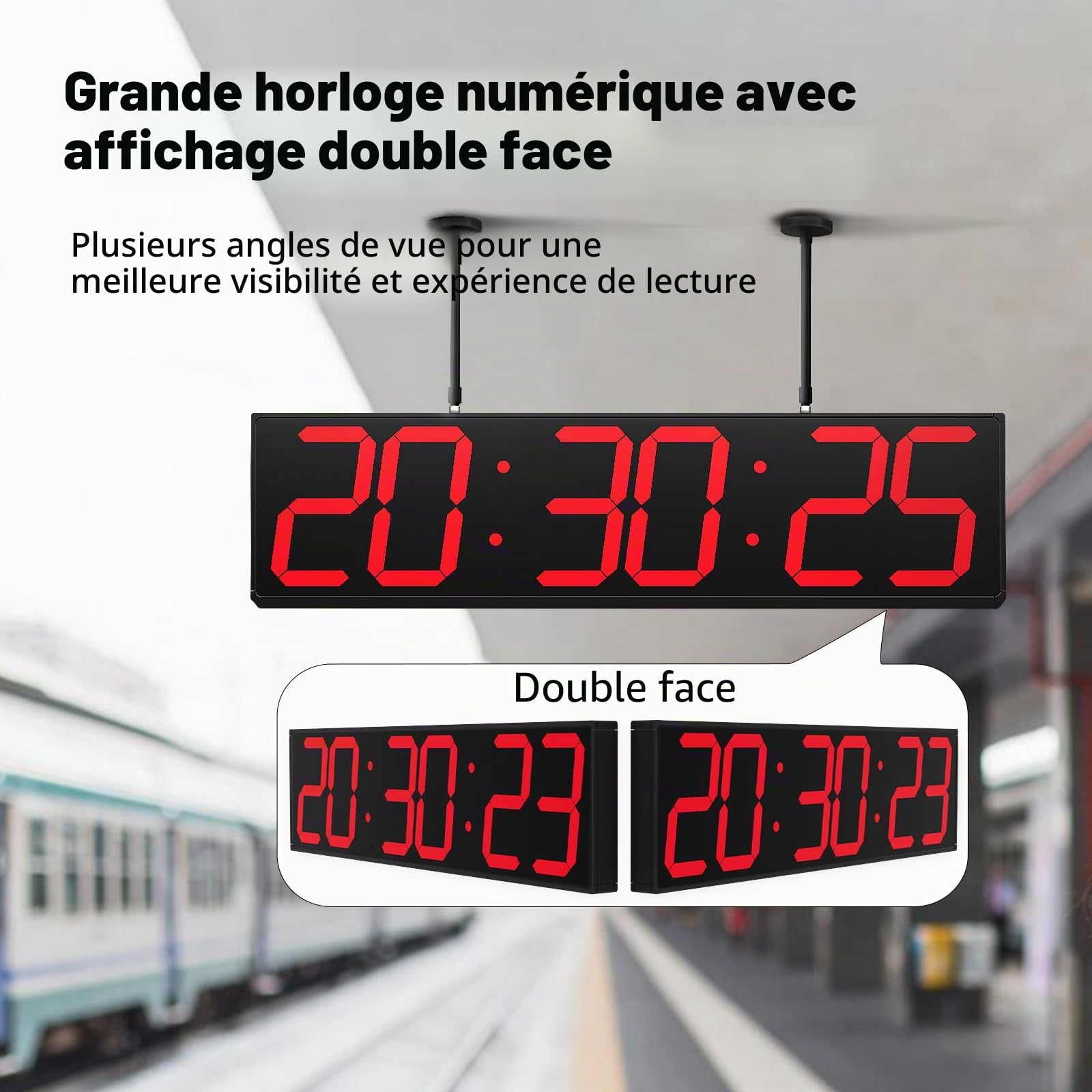 CHKOSDA Horloge murale numérique double face de 70,1 cm, grande horloge LED multifonctionnelle avec minuterie, affichage de la température et de la date, horloge numérique à suspendre pour couloirs